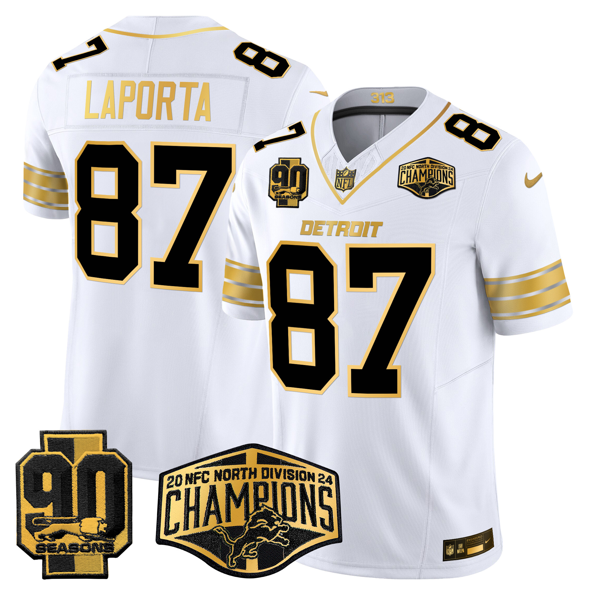 Men's Sam Laporta Detroit Lions 2024 NFC North Division Champions Patch Gold Vapor Limited White Gold Jersey - All Stitched