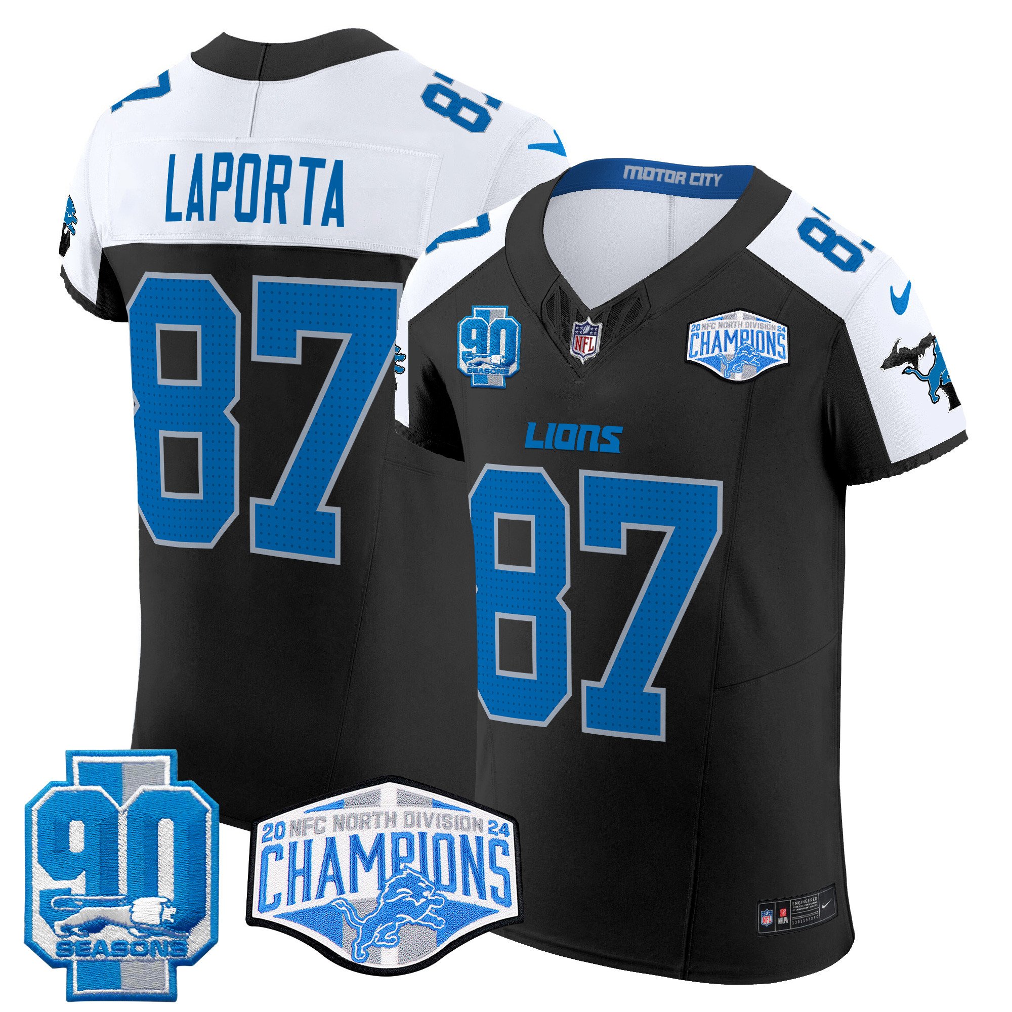 Men's Sam Laporta Detroit Lions 2024 NFC North Division Champions Patch Vapor Elite Black Alternate Jersey - All Stitched