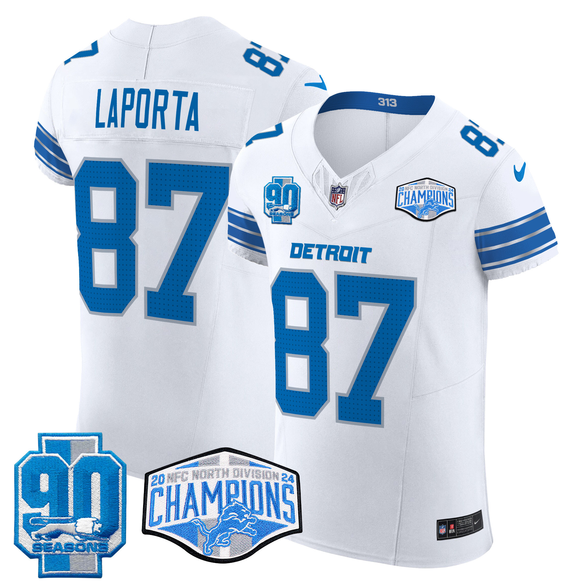 Men's Sam Laporta Detroit Lions 2024 NFC North Division Champions Patch Vapor Elite White Jersey - All Stitched
