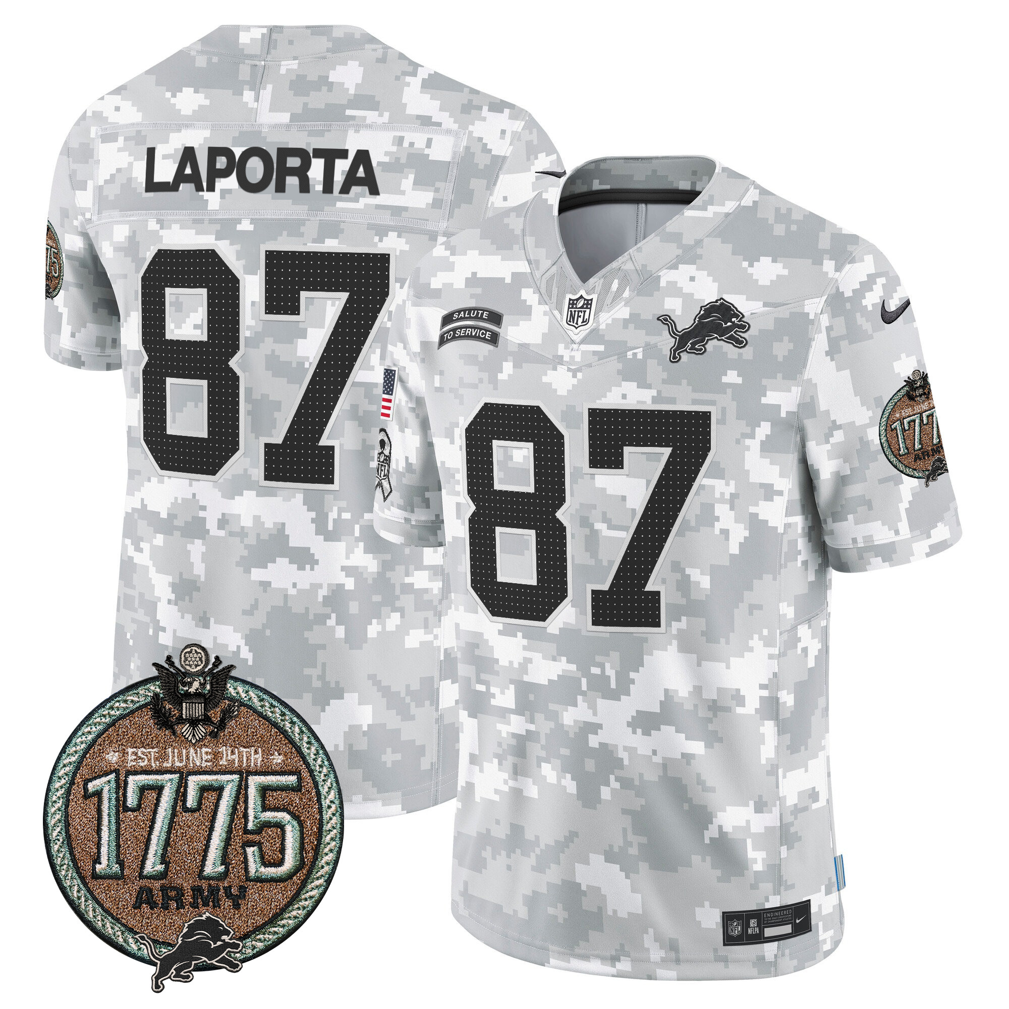 Men's Sam Laporta Detroit Lions 2024 Salute to Service Establishment Year Patch Vapor Limited Army Jersey - All Stitched