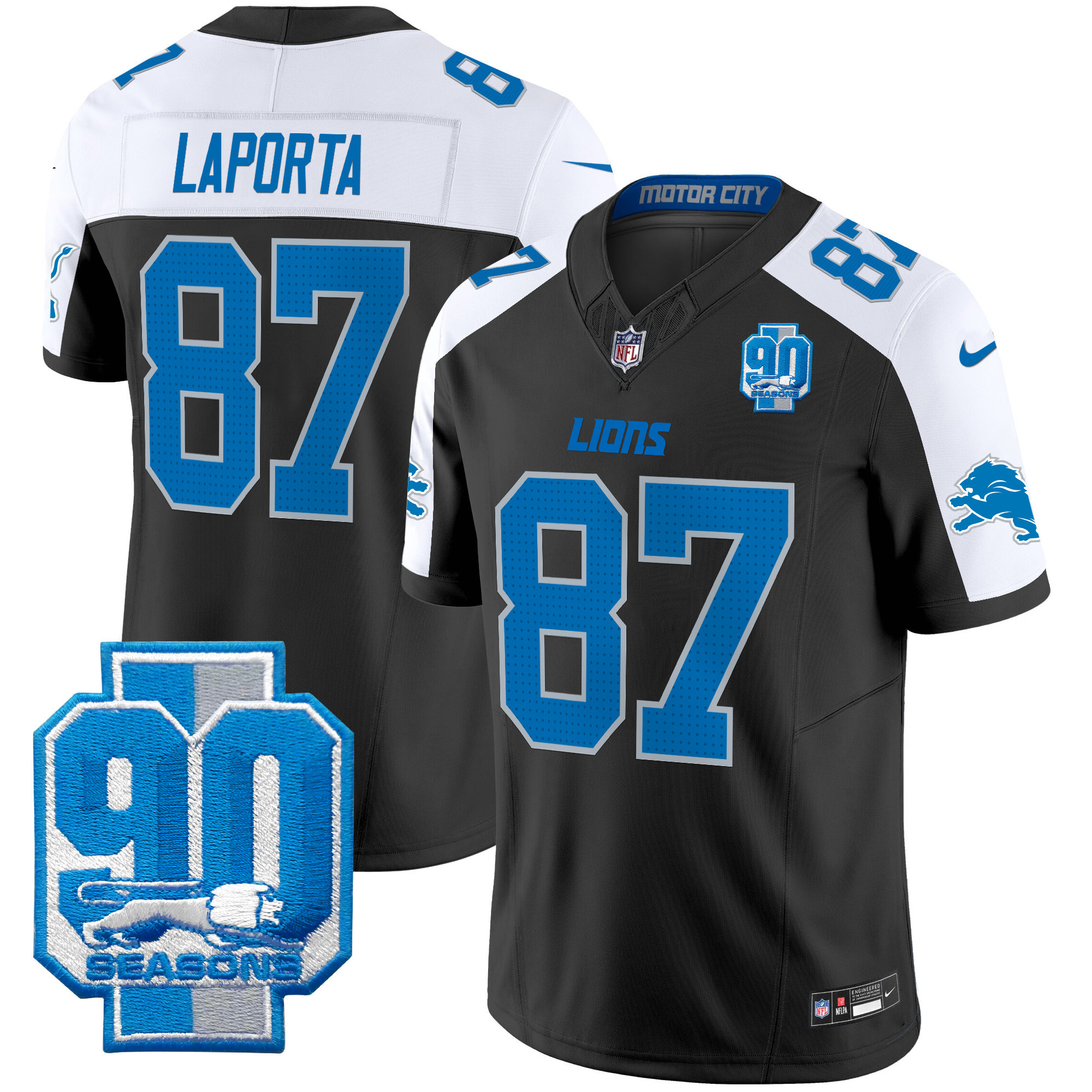 Men's Sam Laporta Detroit Lions 90th Year Patch Vapor Limited Black Alternate Jersey - All Stitched