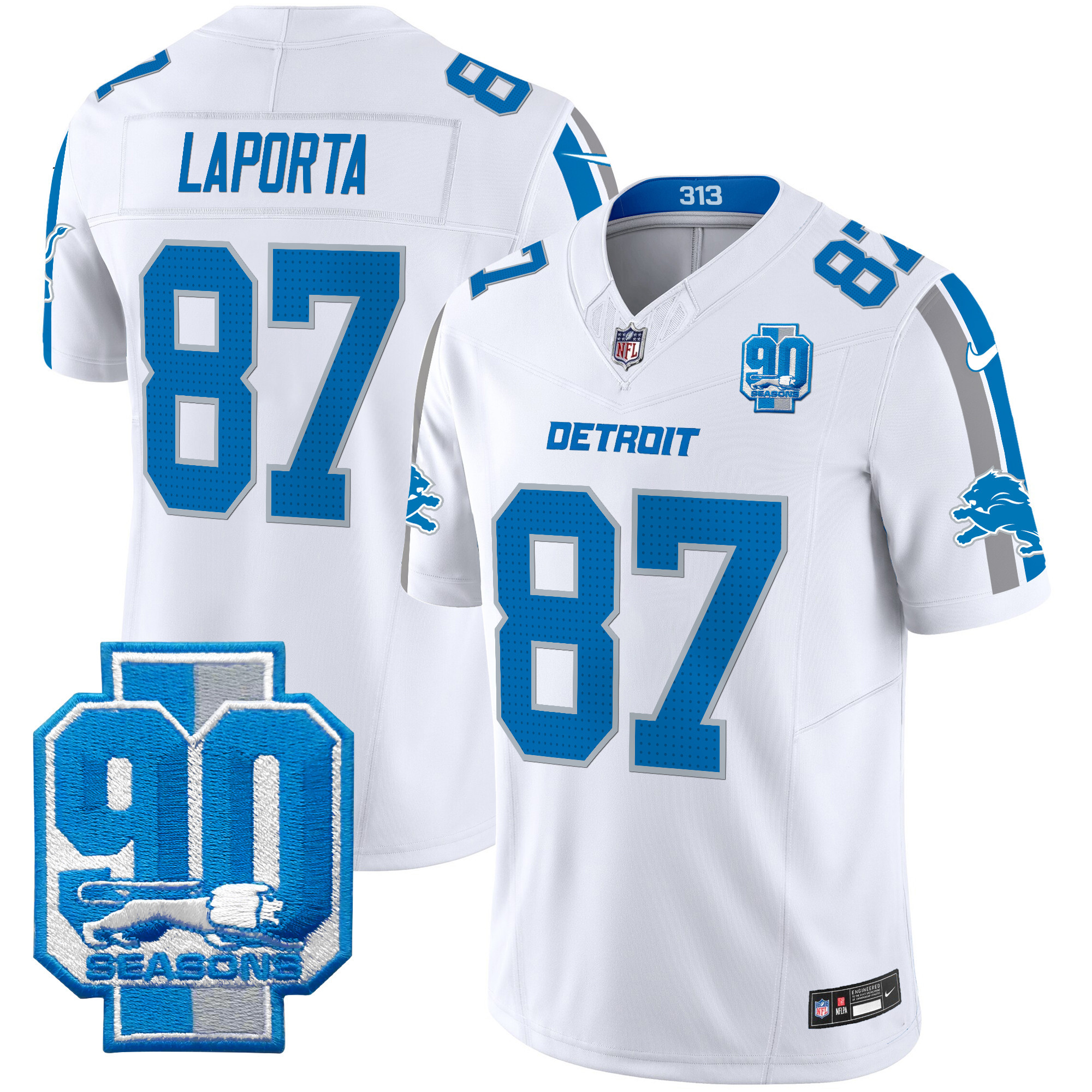 Men's Sam Laporta Detroit Lions 90th Year Patch Vapor Limited White Jersey - All Stitched