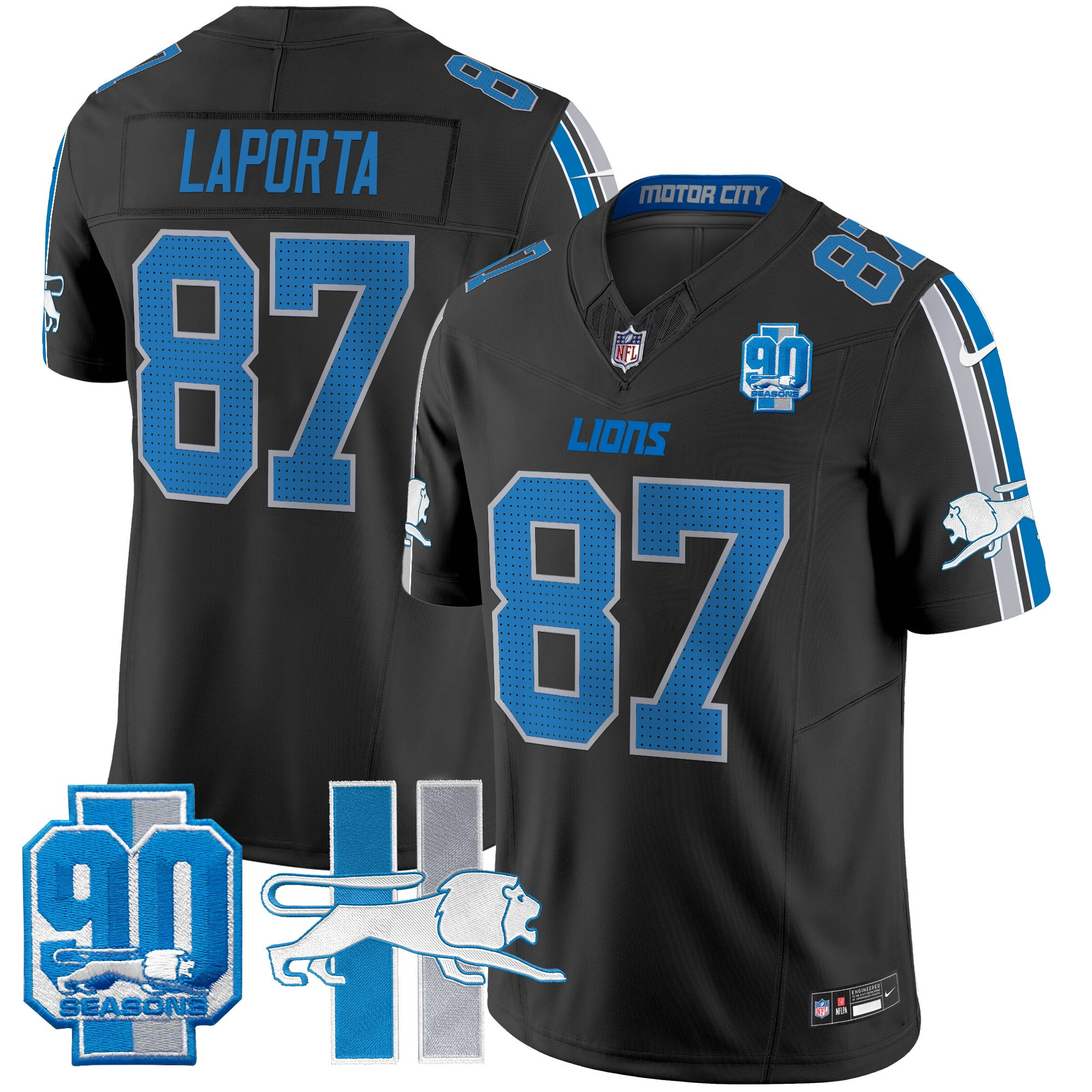 Men's Sam Laporta Detroit Lions Throwback 90th Year Patch Vapor Limited Black Jersey - All Stitched