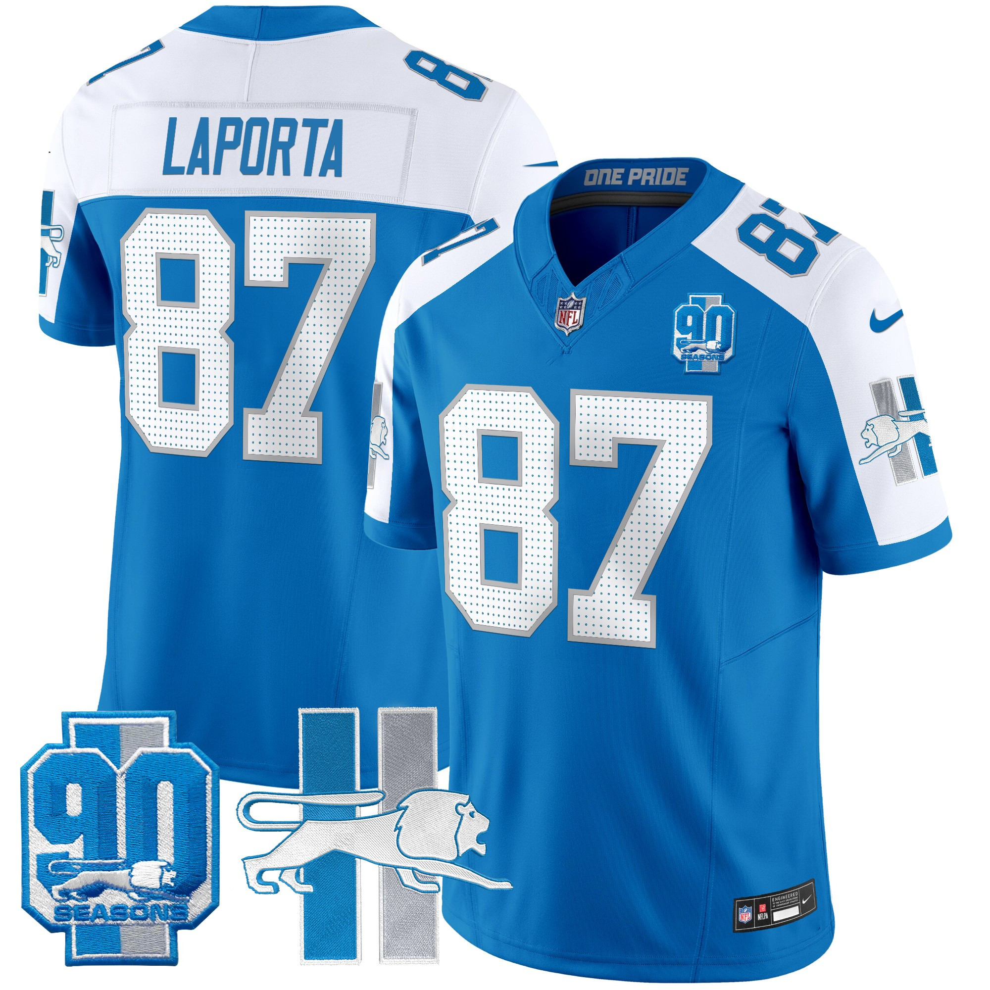 Men's Sam Laporta Detroit Lions Throwback 90th Year Patch Vapor Limited Blue Alternate Jersey - All Stitched