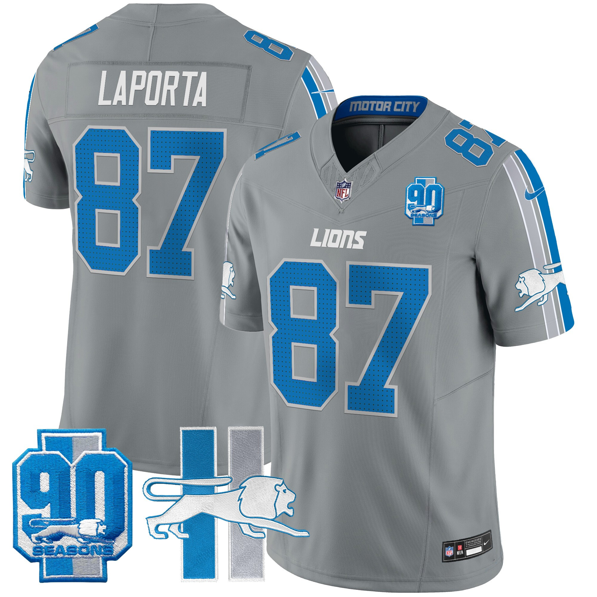Men's Sam Laporta Detroit Lions Throwback 90th Year Patch Vapor Limited Gray Jersey - All Stitched