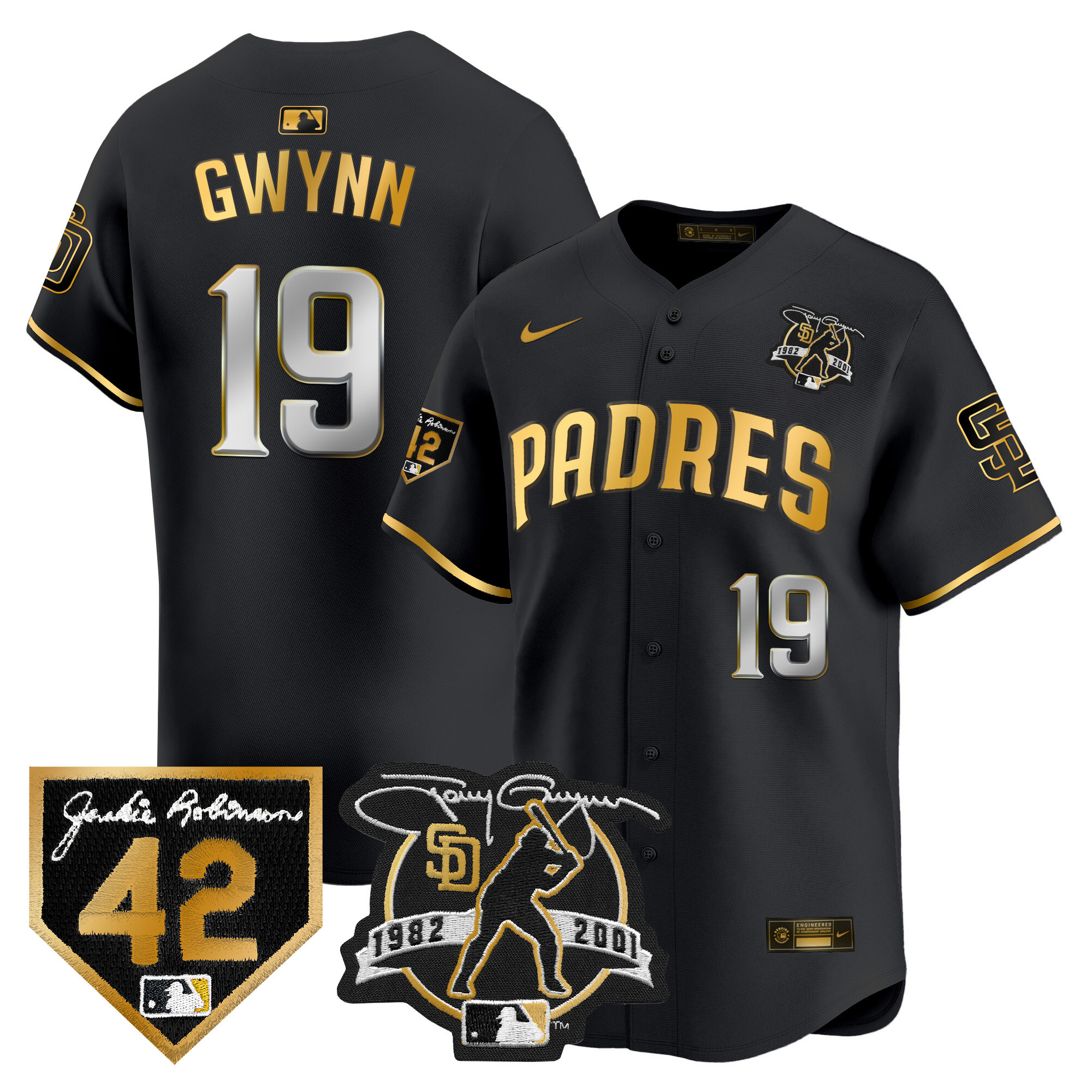 Men's San Diego Padres 2024 Tony Gwynn & Robinson Patch Vapor Premier Limited Black Gold Jersey - All Stitched