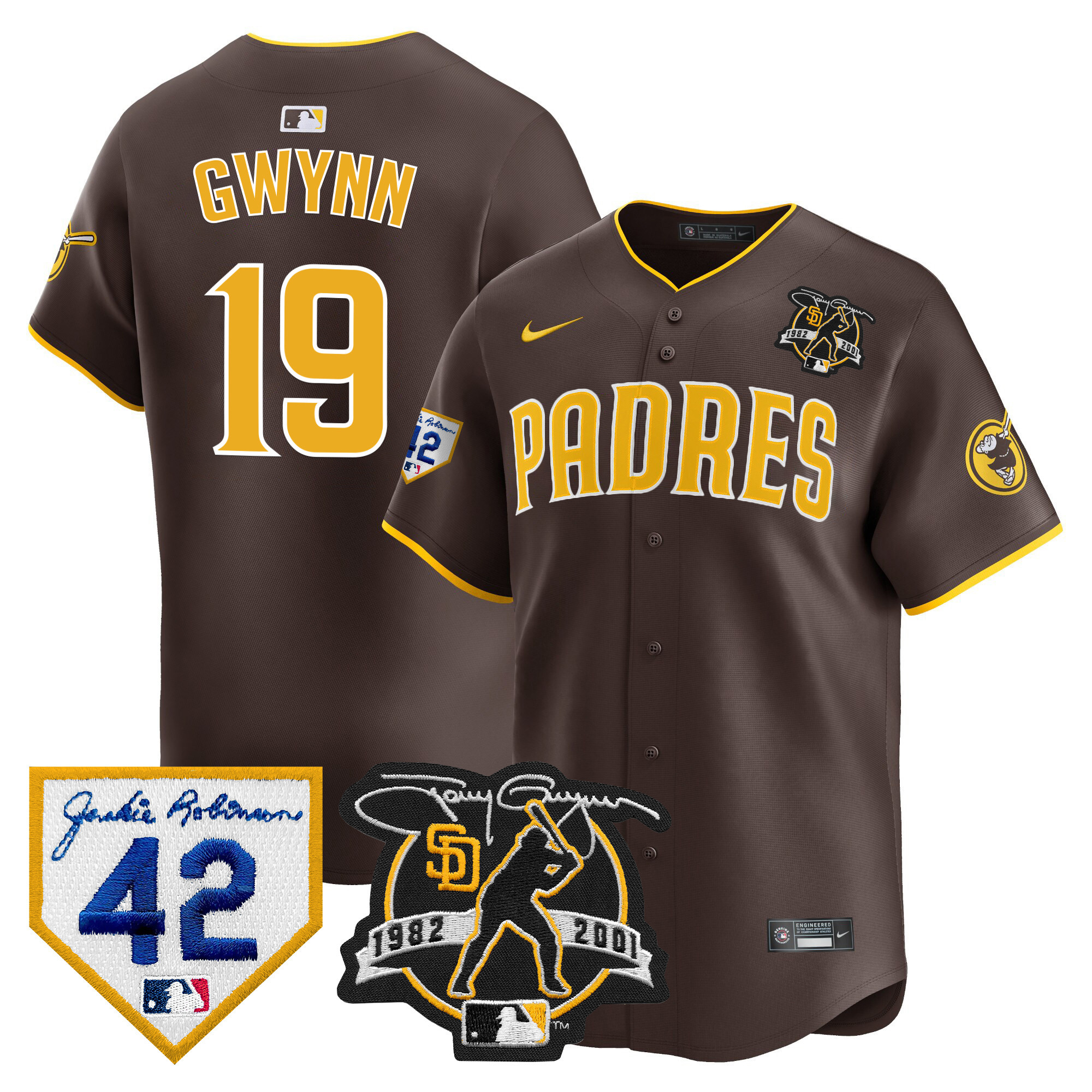 Men's San Diego Padres 2024 Tony Gwynn & Robinson Patch Vapor Premier Limited Brown Jersey - All Stitched