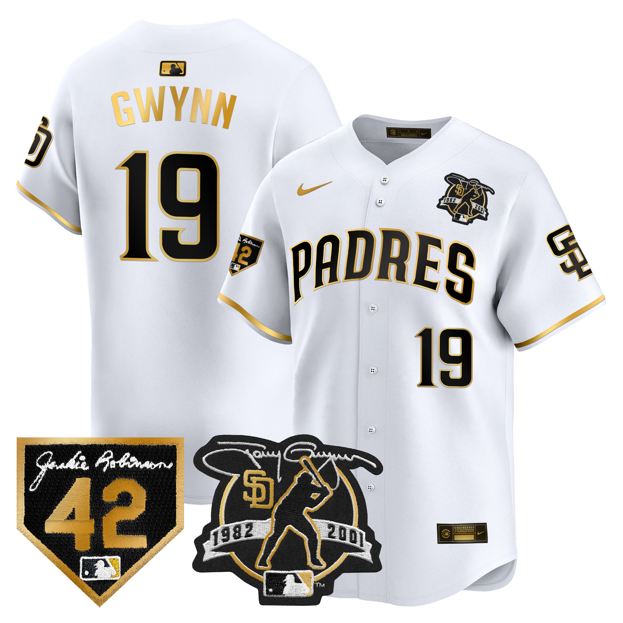 Men's San Diego Padres 2024 Tony Gwynn & Robinson Patch Vapor Premier Limited White Gold Jersey - All Stitched