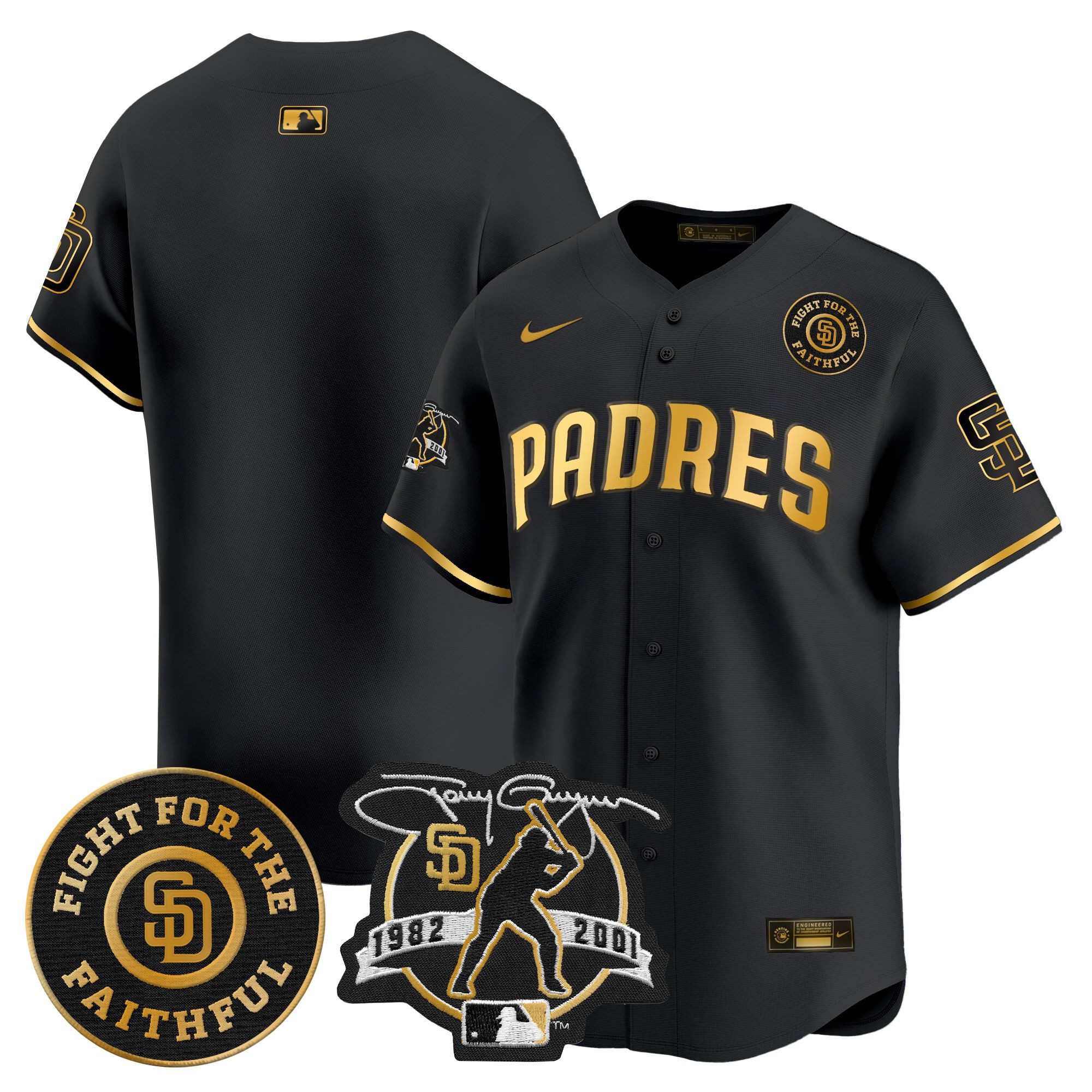 Men's San Diego Padres Tony Gwynn & Faithful Patch Vapor Premier Limited Black Gold Jersey ñ All Stitched