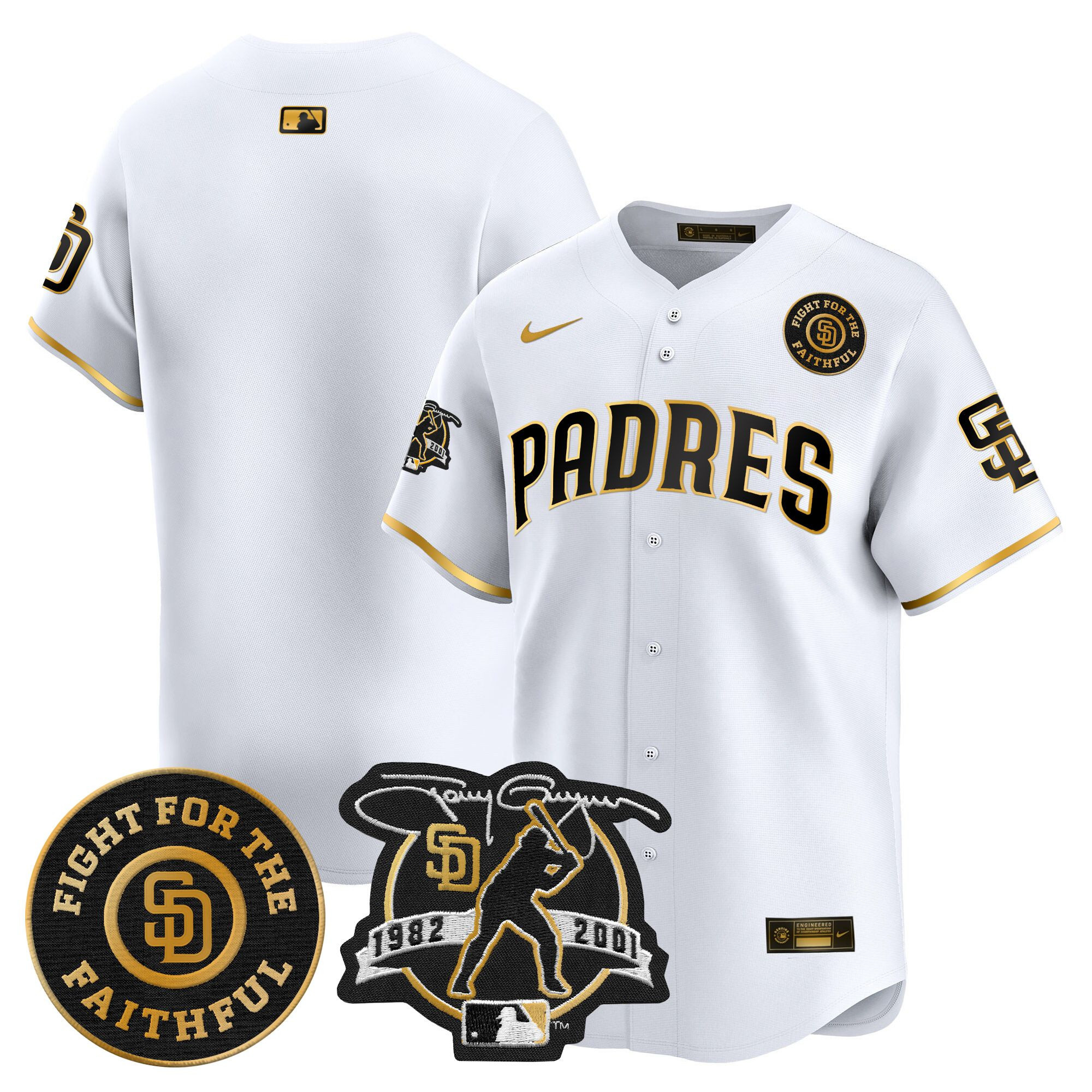 Men's San Diego Padres Tony Gwynn & Faithful Patch Vapor Premier Limited White Gold Jersey ñ All Stitched