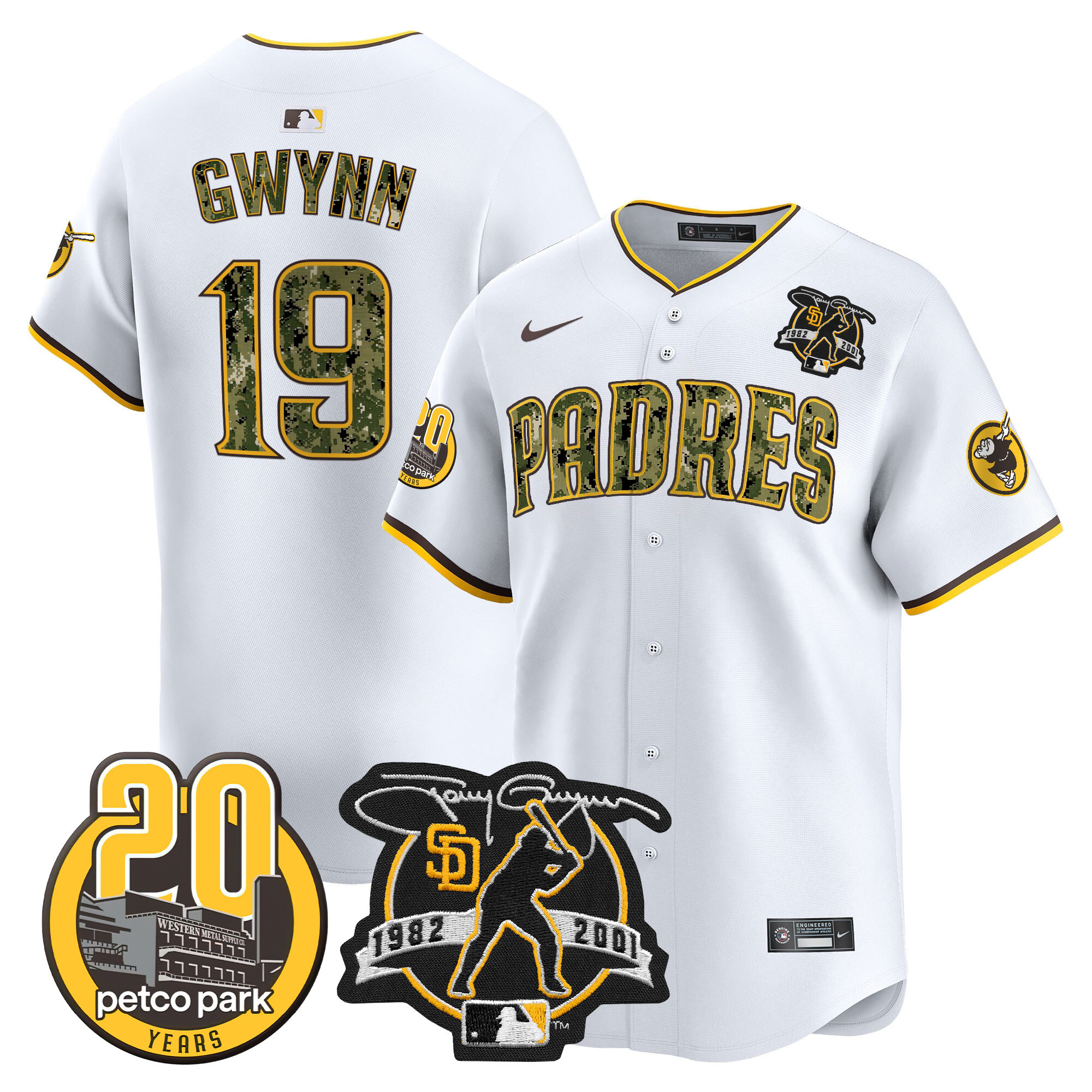 Men's San Diego Padres Tony Gwynn & Petco Park 20th Patch USMC Vapor Premier Limited V2 White Jersey - All Stitched