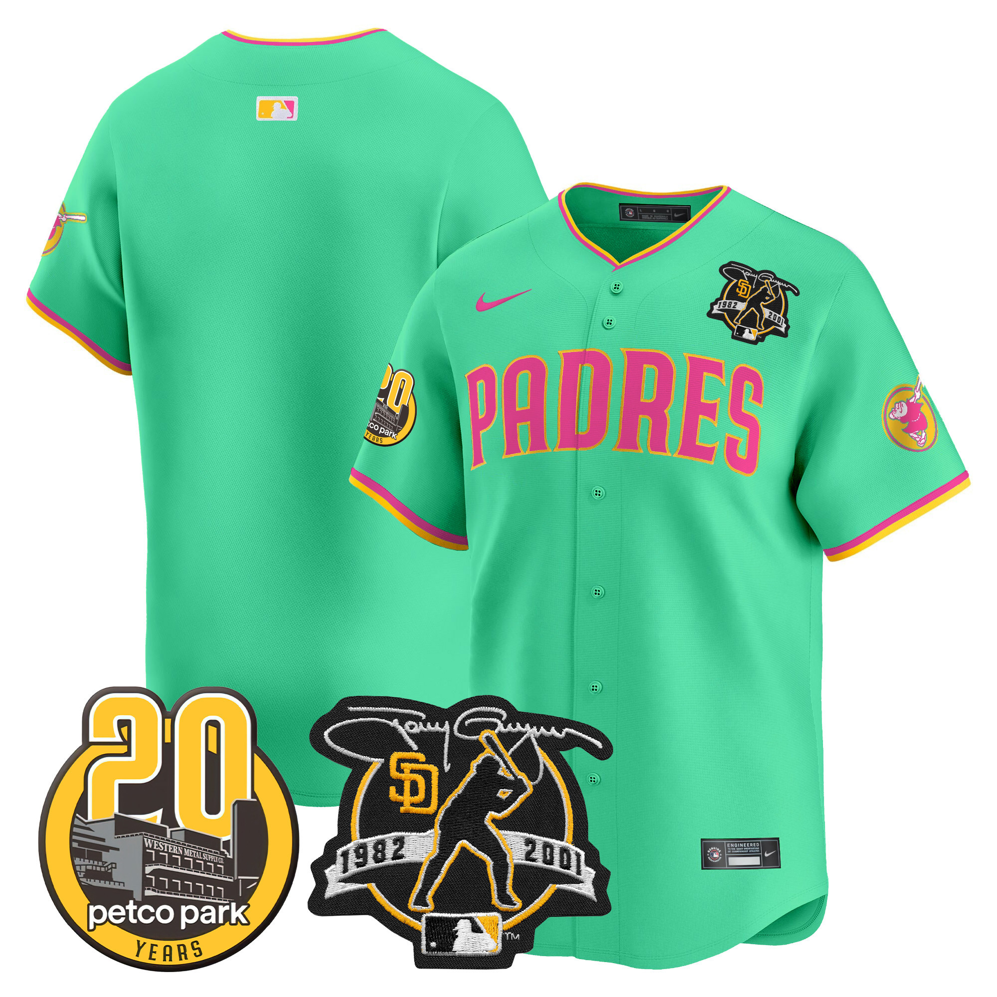 Men's San Diego Padres Tony Gwynn & Petco Park 20th Patch Vapor Premier Limited Aqua Jersey V2 ñ All Stitched