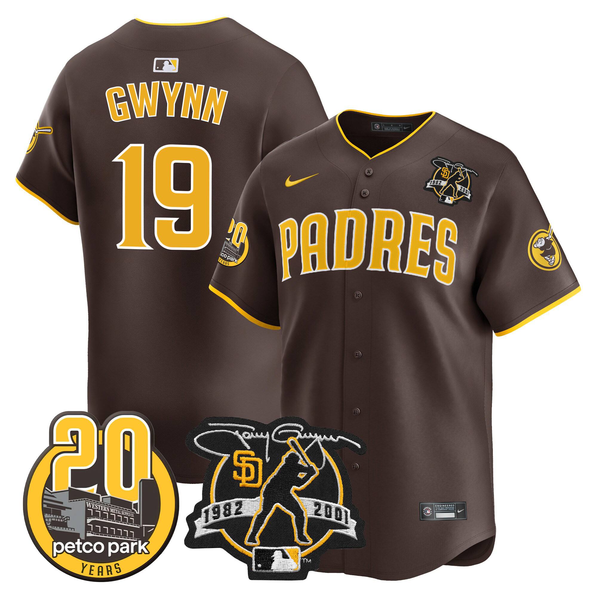 Men's San Diego Padres Tony Gwynn & Petco Park 20th Patch Vapor Premier Limited Brown Jersey - All Stitched