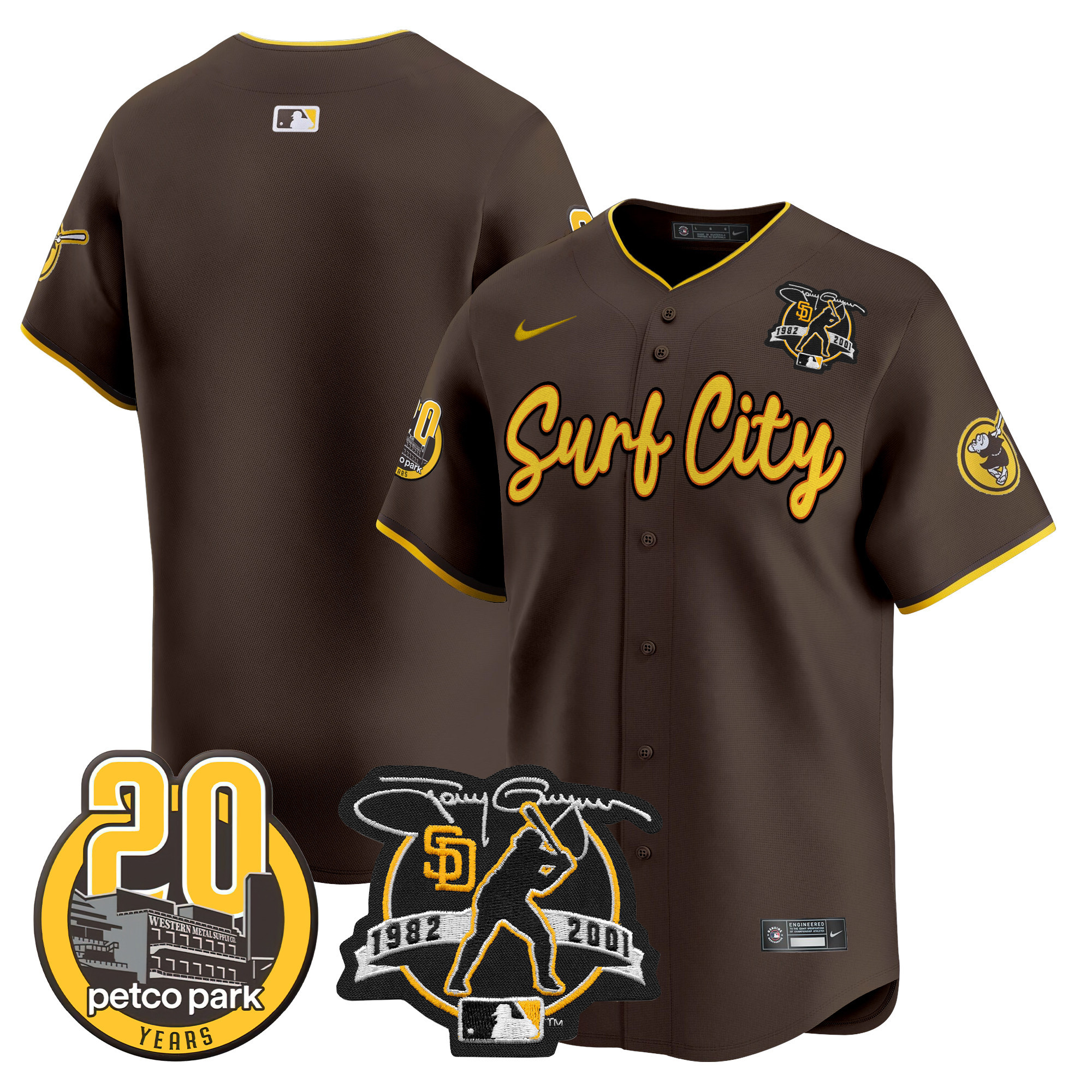 Men's San Diego Padres Tony Gwynn & Petco Park 20th Patch Vapor Premier Limited Brown Jersey V3 ñ All Stitched