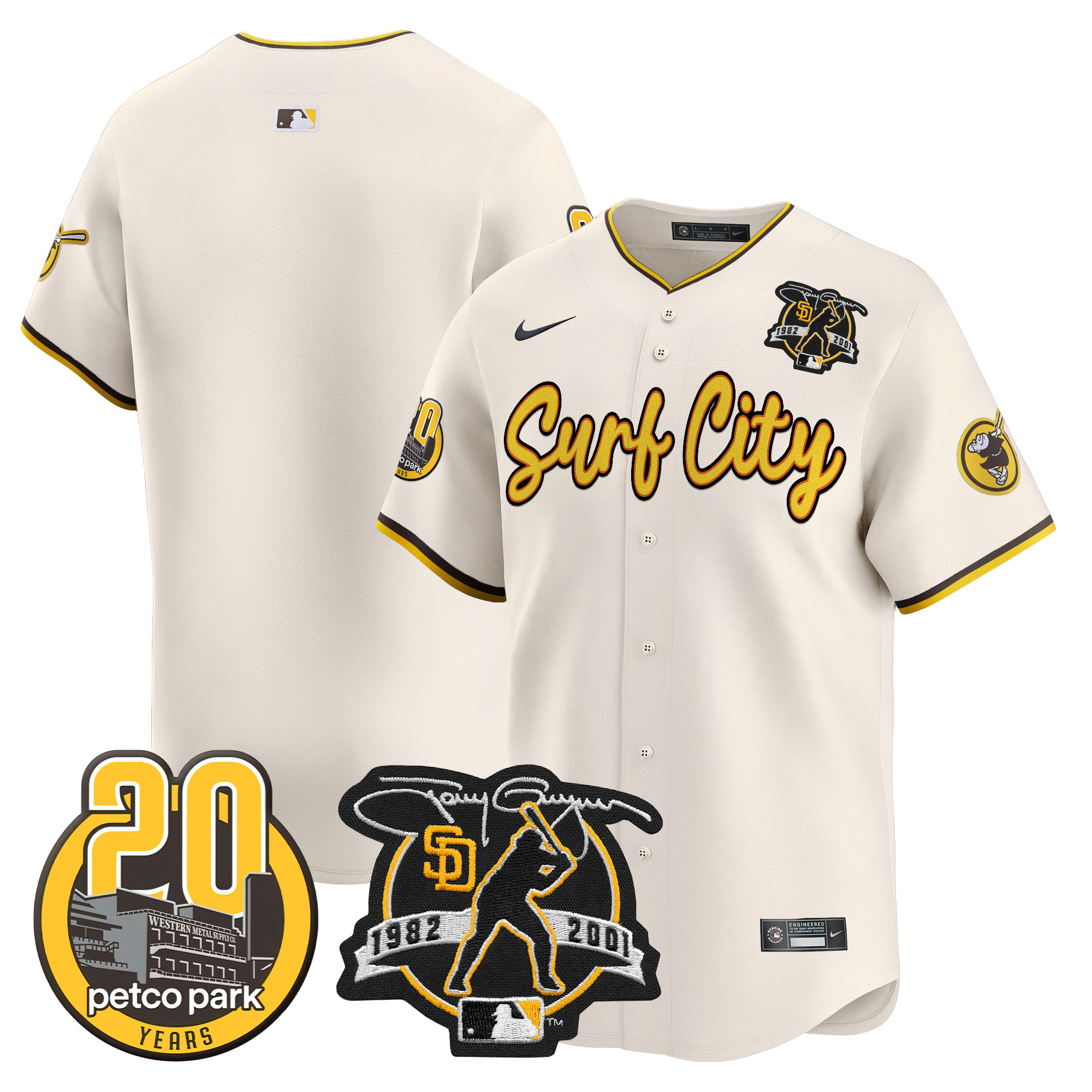 Men's San Diego Padres Tony Gwynn & Petco Park 20th Patch Vapor Premier Limited Cream Jersey V3 ñ All Stitched