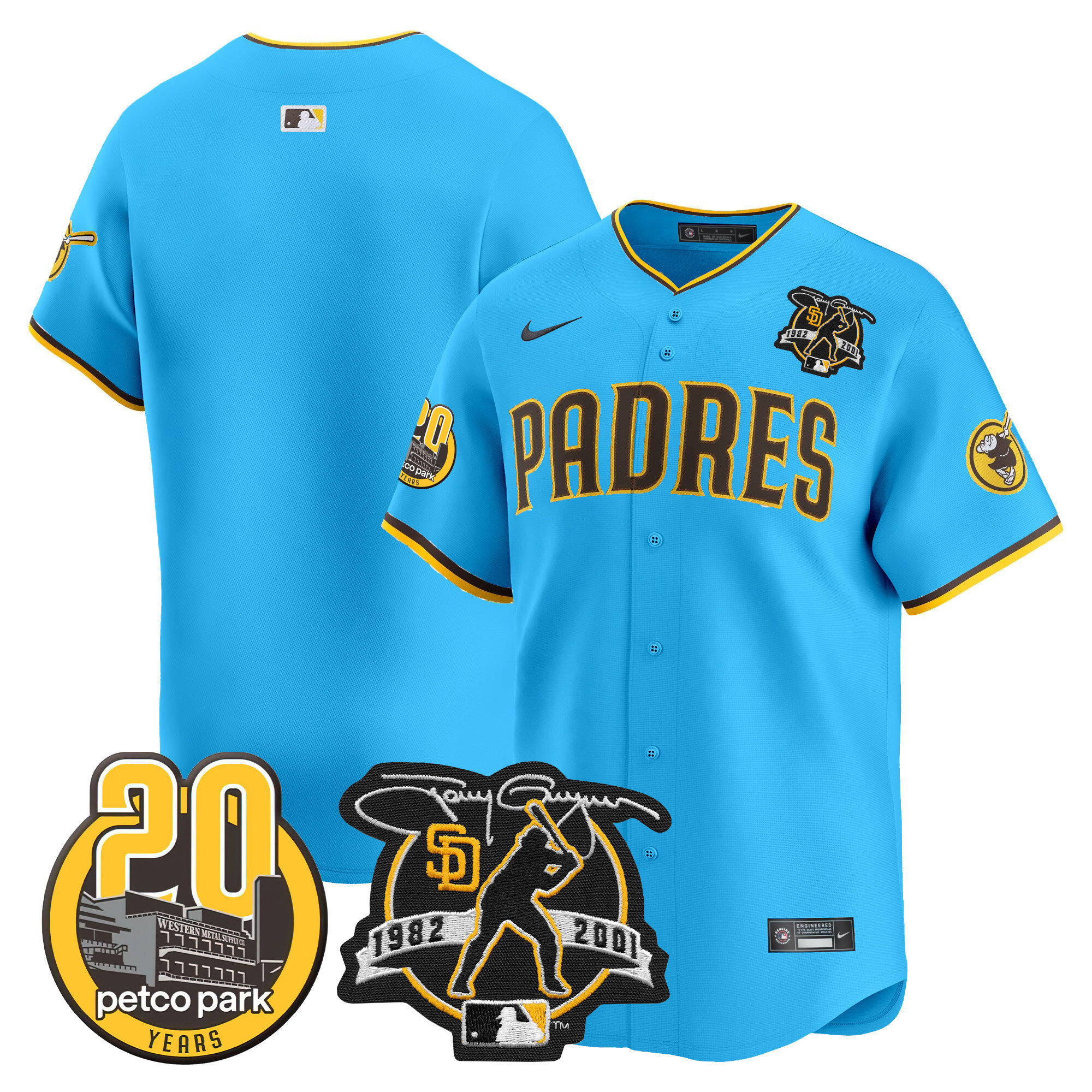Men's San Diego Padres Tony Gwynn & Petco Park 20th Patch Vapor Premier Limited Light Blue Jersey V2 ñ All Stitched