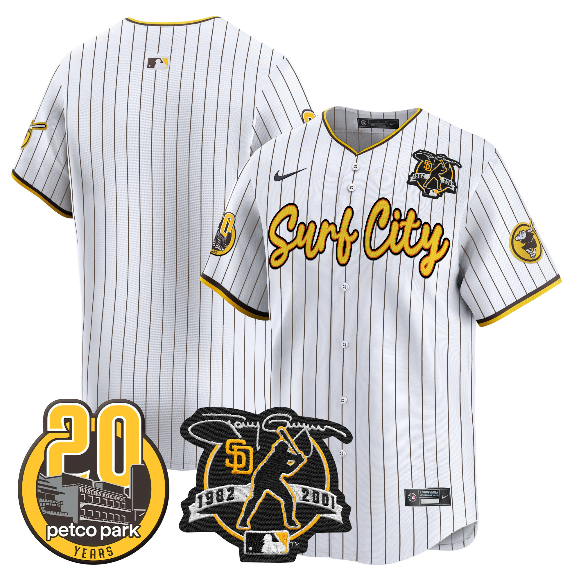 Men's San Diego Padres Tony Gwynn & Petco Park 20th Patch Vapor Premier Limited Pinstripe Jersey V3 ñ All Stitched