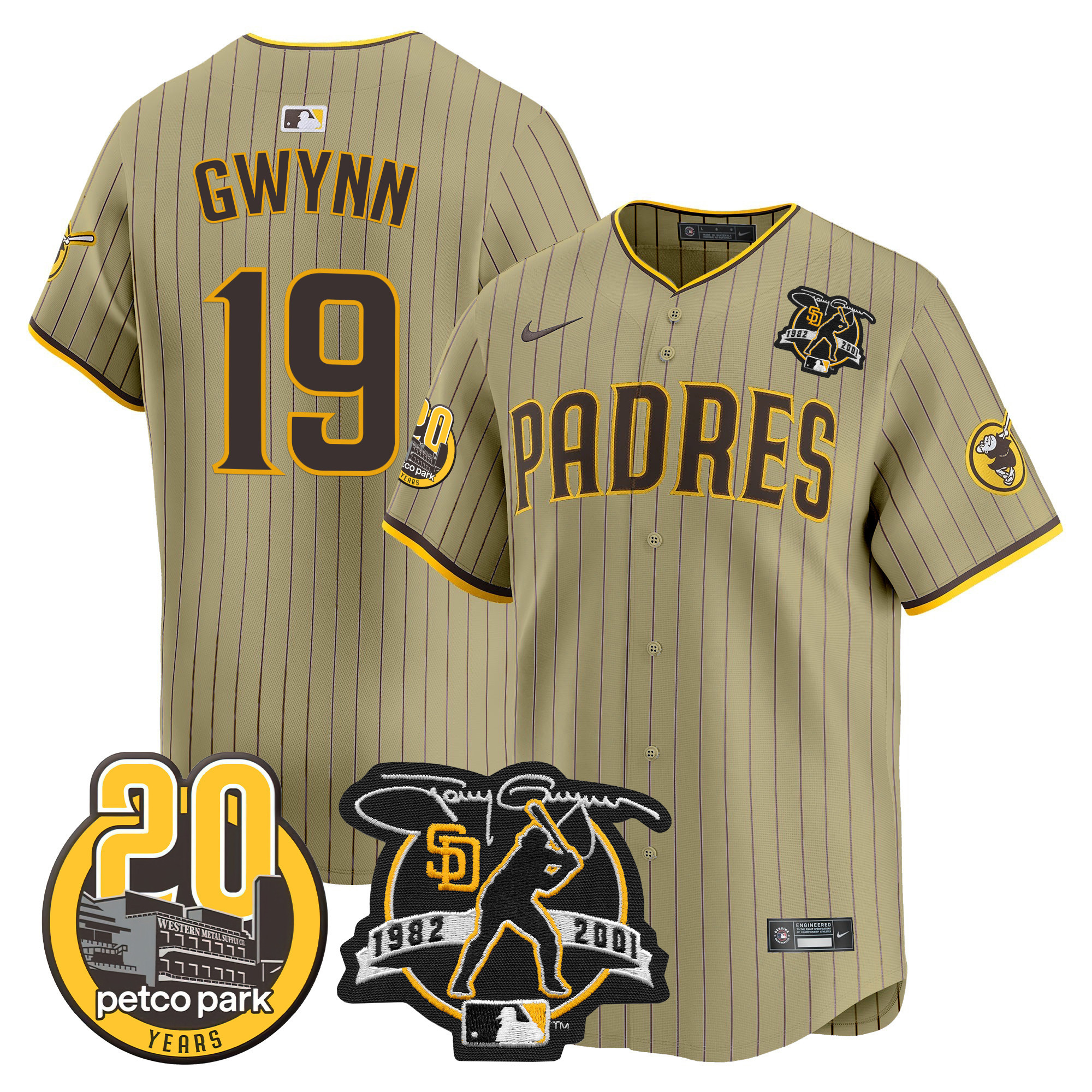 Men's San Diego Padres Tony Gwynn & Petco Park 20th Patch Vapor Premier Limited Tan Jersey - All Stitched