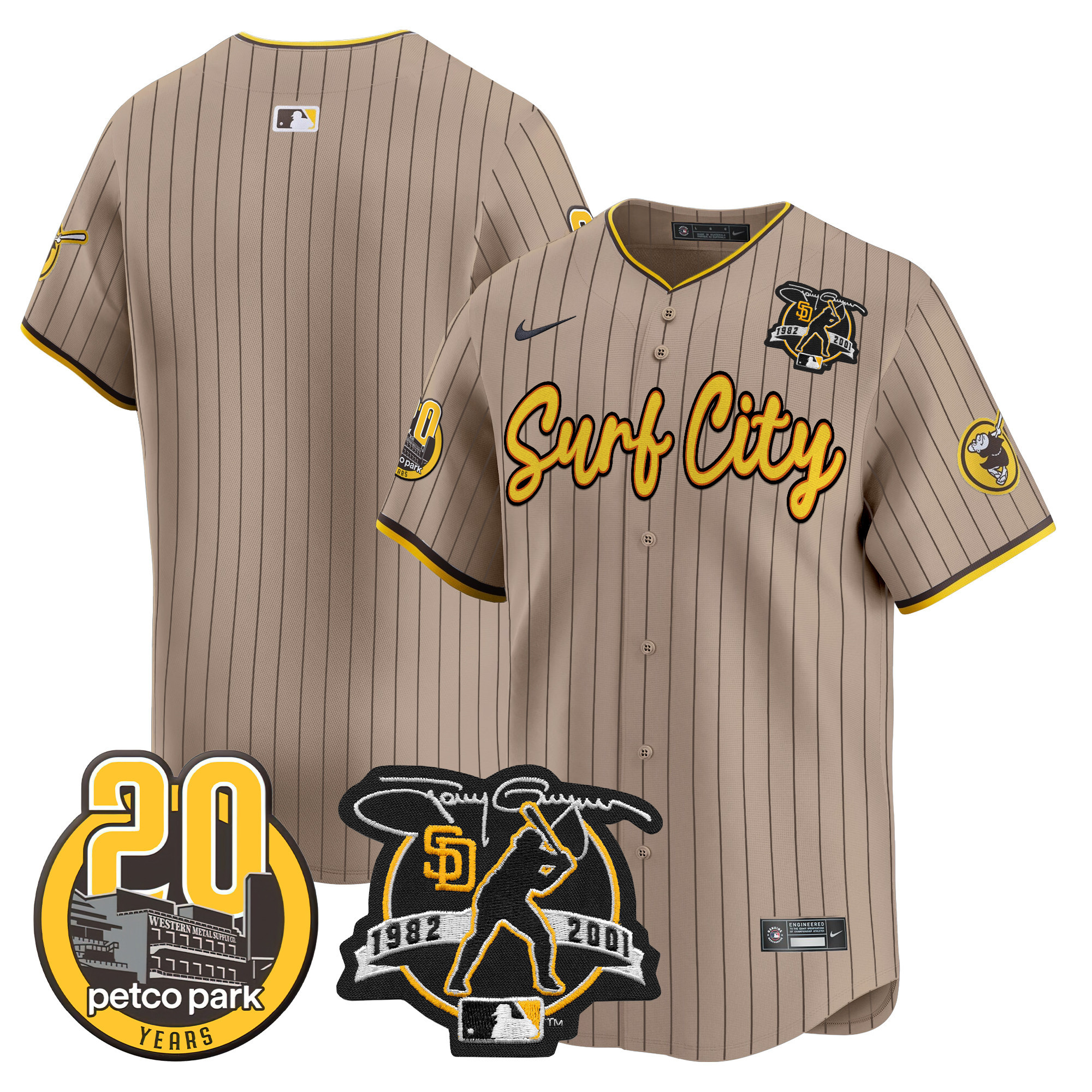Men's San Diego Padres Tony Gwynn & Petco Park 20th Patch Vapor Premier Limited Tan Jersey V3 ñ All Stitched