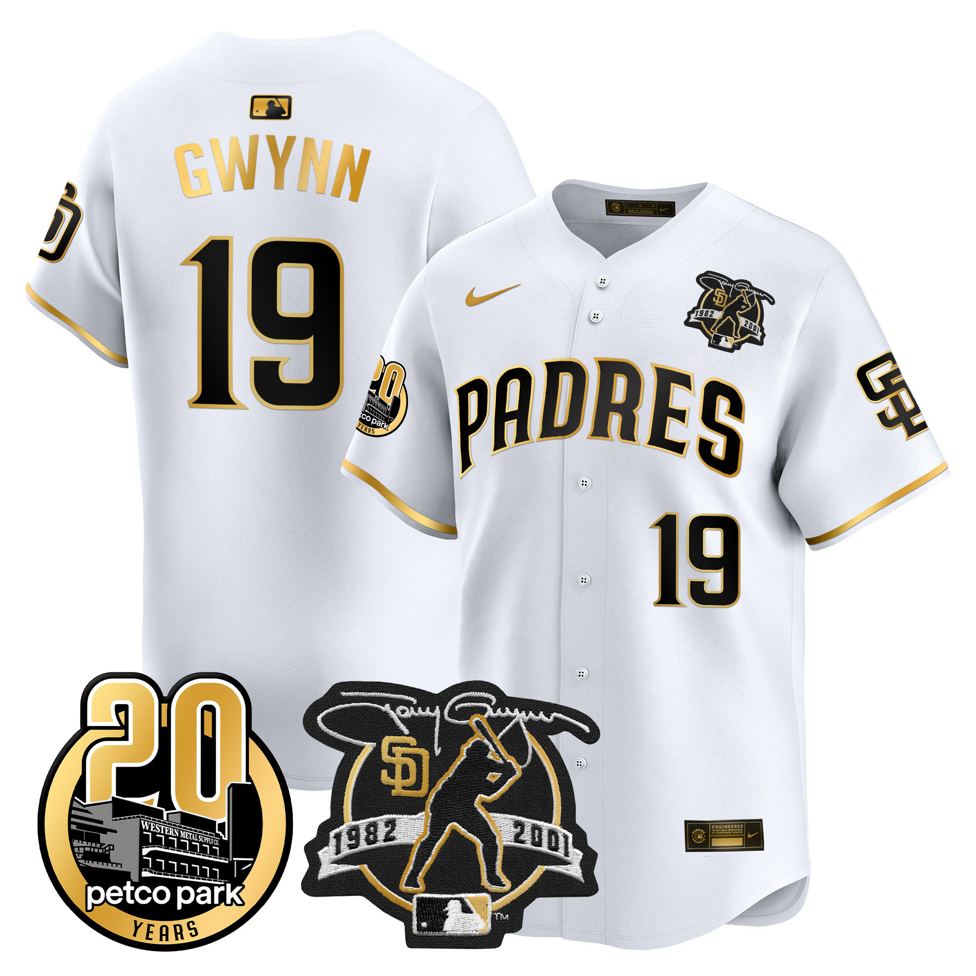Men's San Diego Padres Tony Gwynn & Petco Park 20th Patch Vapor Premier Limited White Gold Jersey - All Stitched