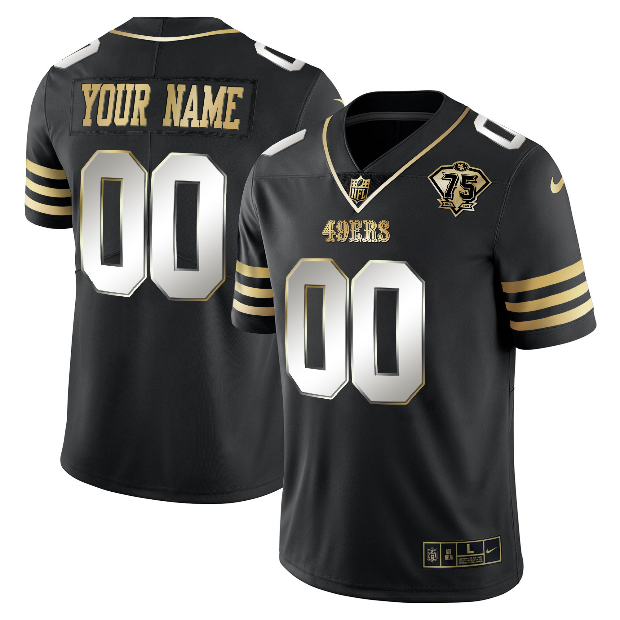 Men's San Francisco 49ers 75th Anniversary Patch Vapor Gold Custom Black Limited Jersey - All Stitched