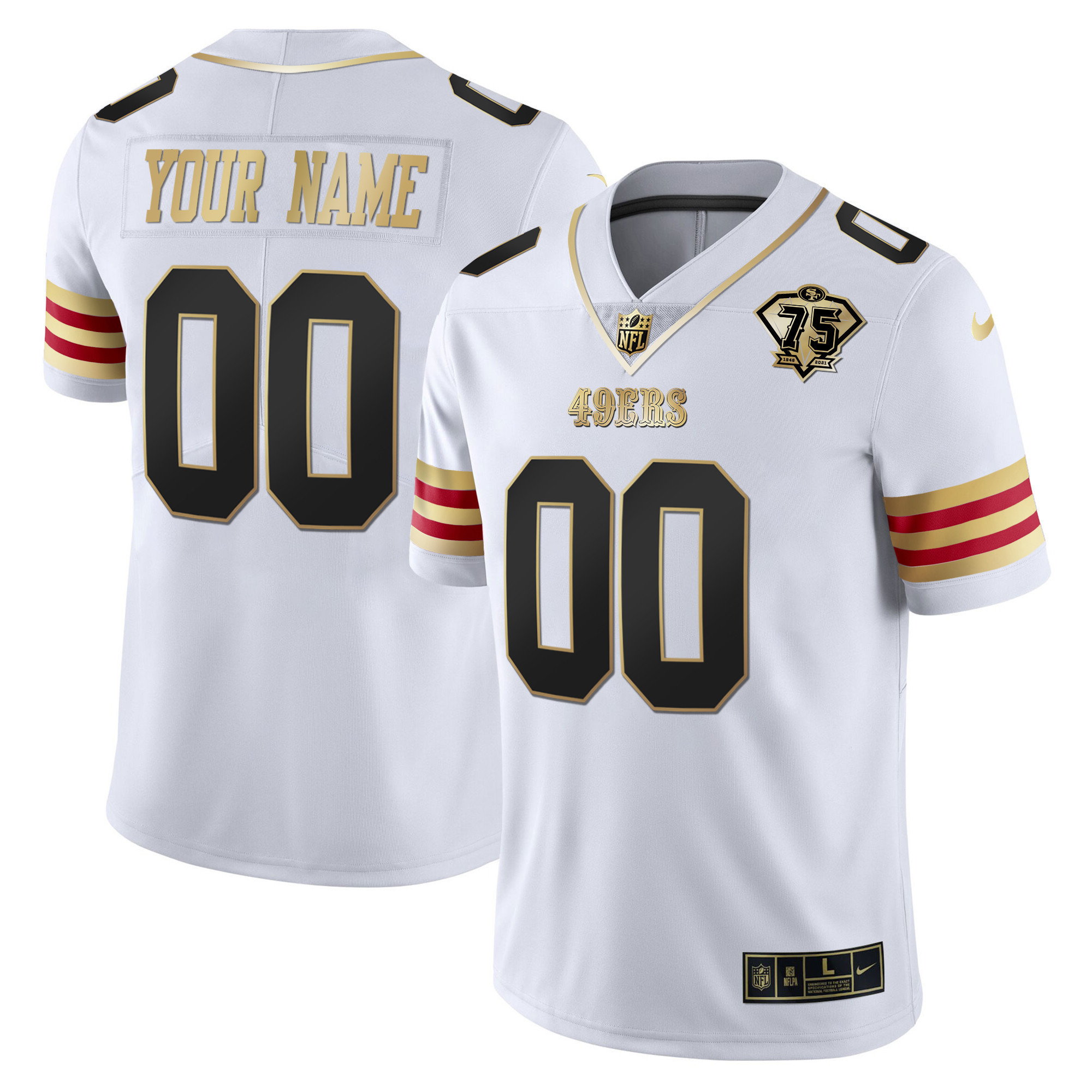 Men's San Francisco 49ers 75th Anniversary Patch Vapor Gold Custom White Gold Jersey V2 - All Stitched