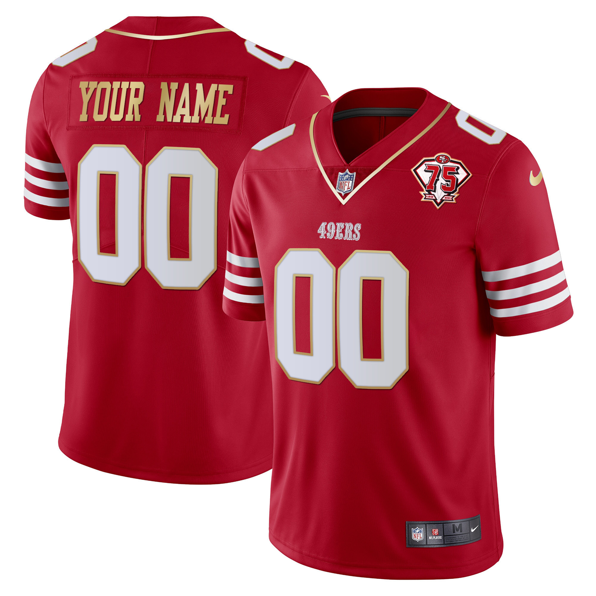 Men's San Francisco 49ers 75th Anniversary Patch Vapor Gold Trim Custom Red Gold Jersey - All Stitched
