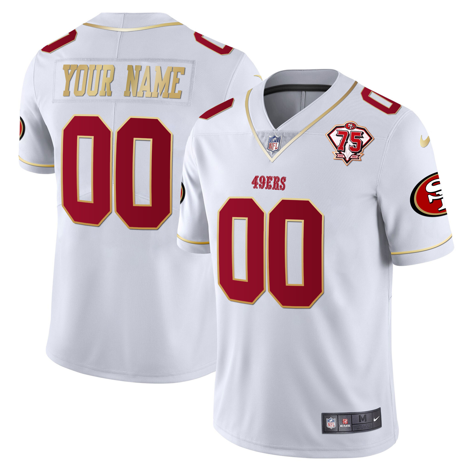 Men's San Francisco 49ers 75th Anniversary Patch Vapor Gold Trim Custom White Gold Jersey V2 - All Stitched