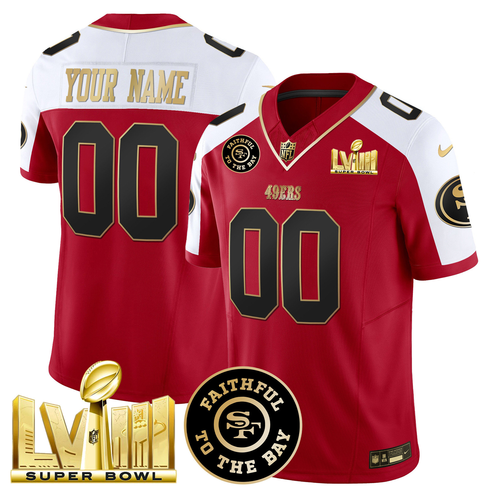 Men's San Francisco 49ers Faithful & Super Bowl LVIII Gold Patch Vapor Custom Alternate Jersey - All Stitched