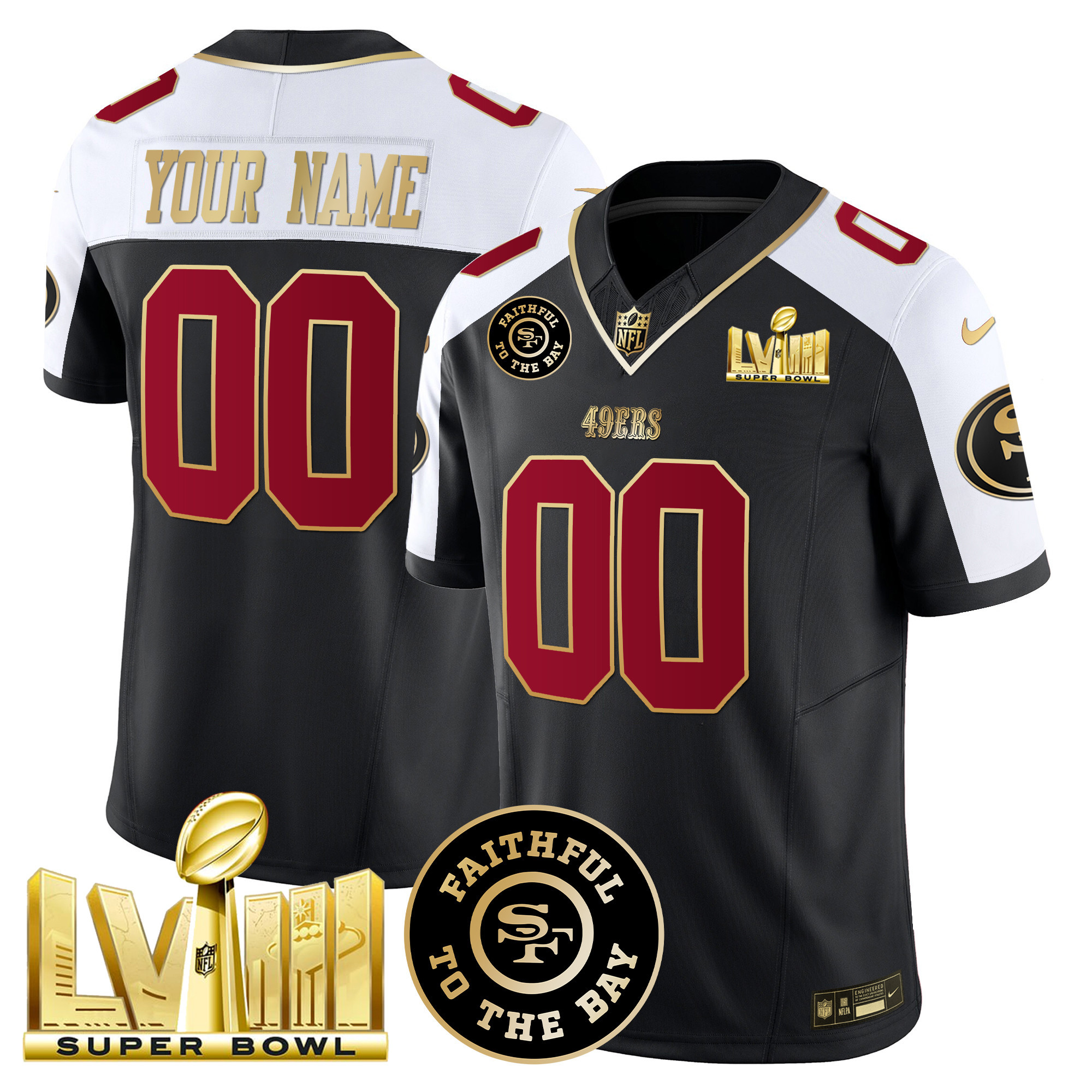 Men's San Francisco 49ers Faithful & Super Bowl LVIII Gold Patch Vapor Custom Black Alternate Jersey - All Stitched