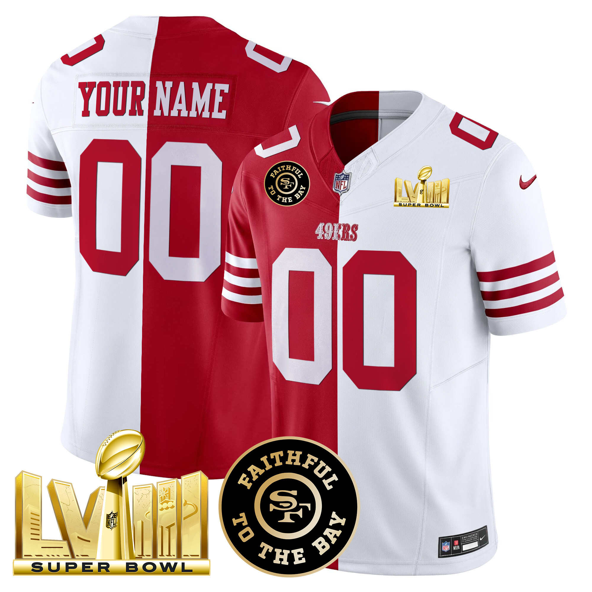 Men's San Francisco 49ers Faithful & Super Bowl LVIII Gold Patch Vapor Custom Split Jersey V2 - All Stitched