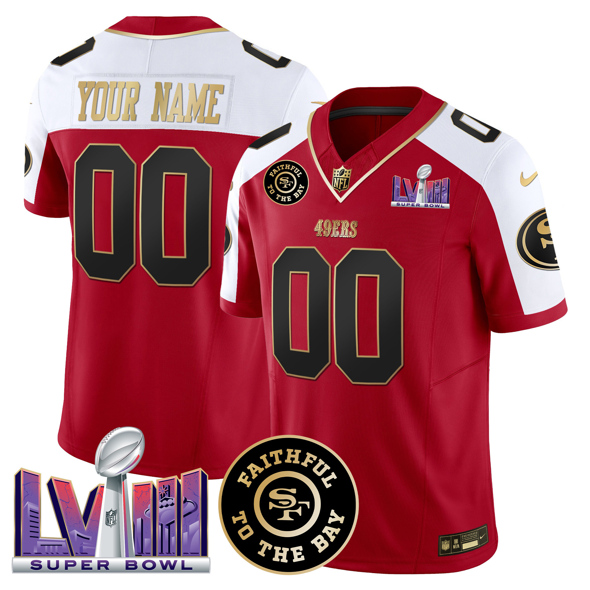Men's San Francisco 49ers Faithful & Super Bowl LVIII Patch Vapor Custom Alternate Jersey - All Stitched