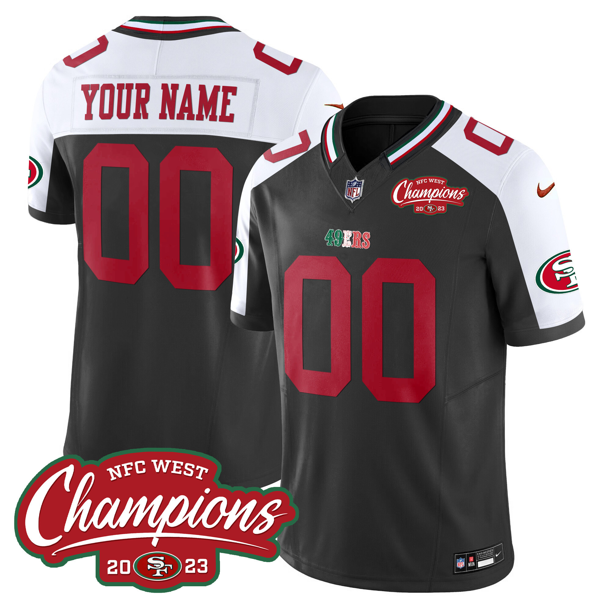 Men's San Francisco 49ers Mexico 2023 NFC West Champions Patch Vapor Custom Black Alternate Jersey - All Stitched