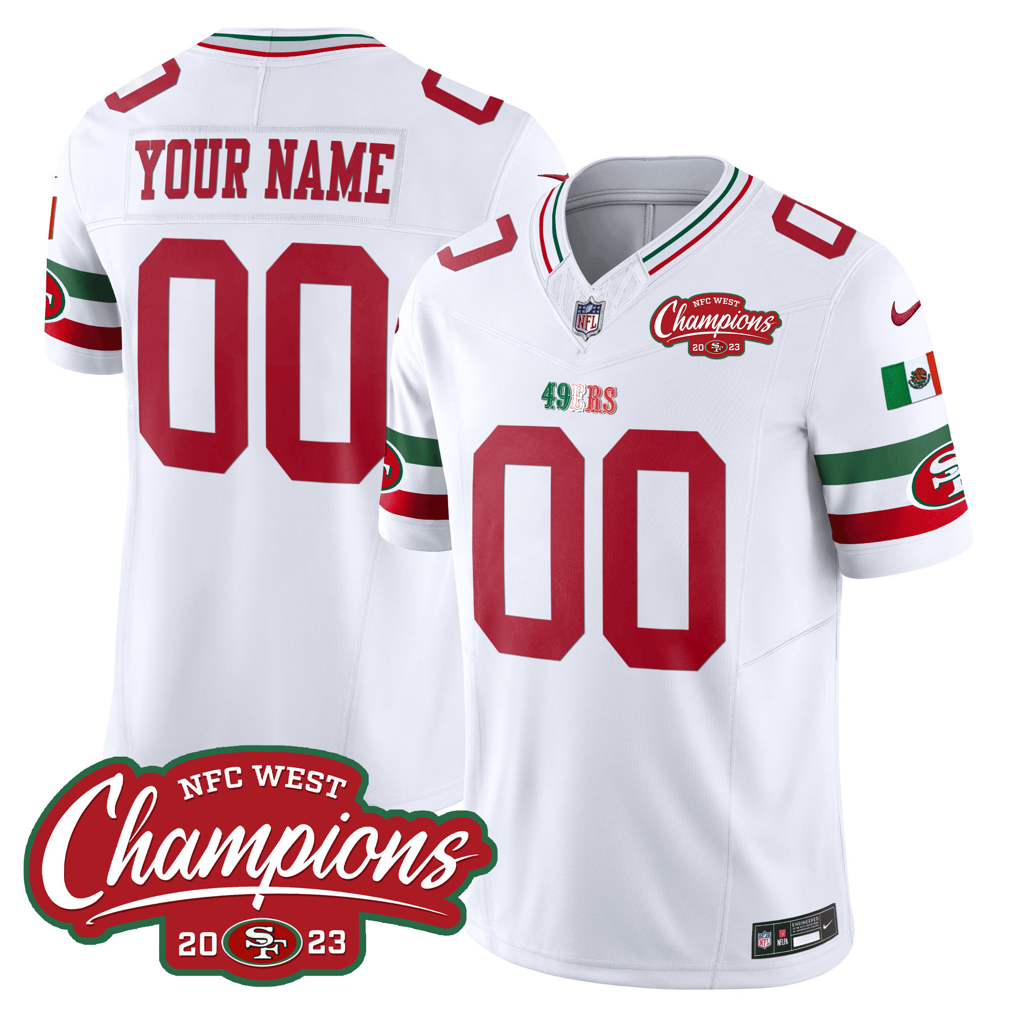 Men's San Francisco 49ers Mexico 2023 NFC West Champions Patch Vapor Custom White Jersey - All Stitched