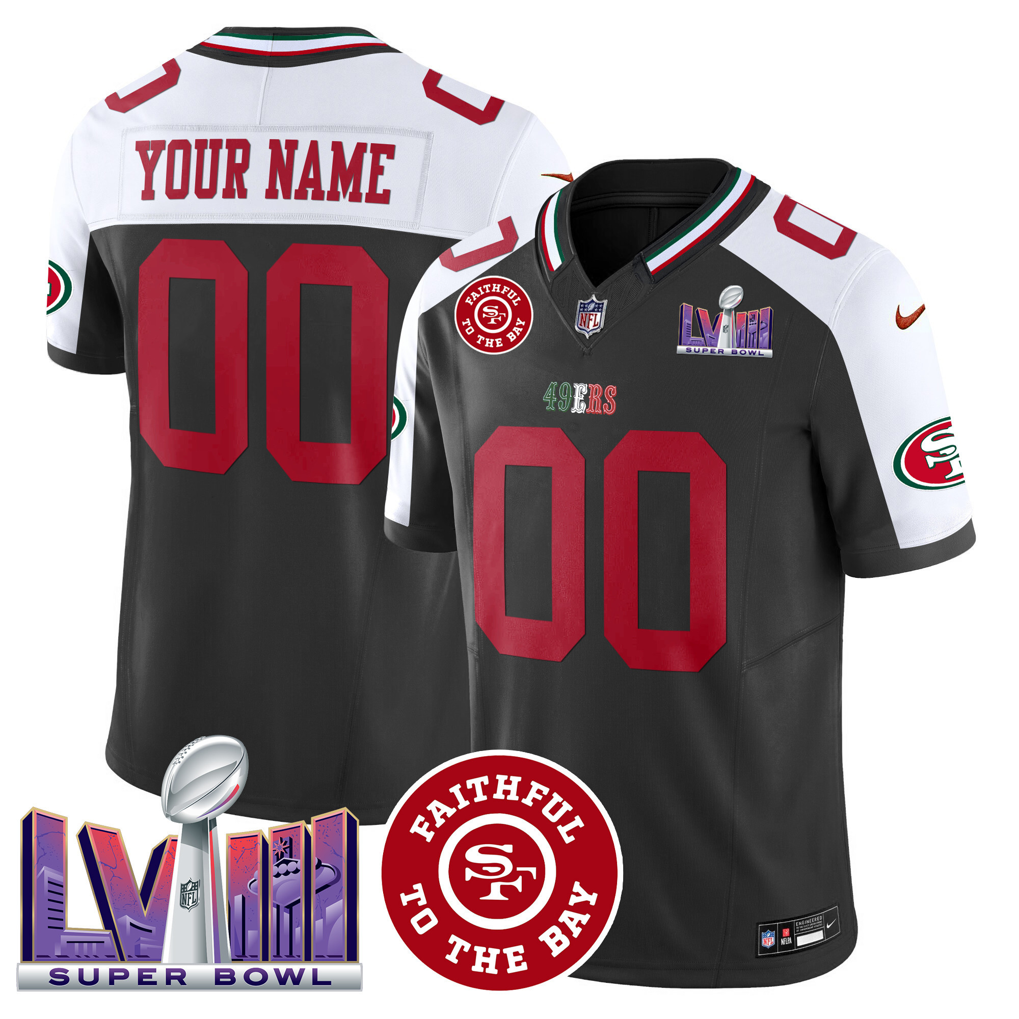 Men's San Francisco 49ers Mexico Faithful & Super Bowl LVIII Patch Vapor Custom Black Alterante Jersey - All Stitched