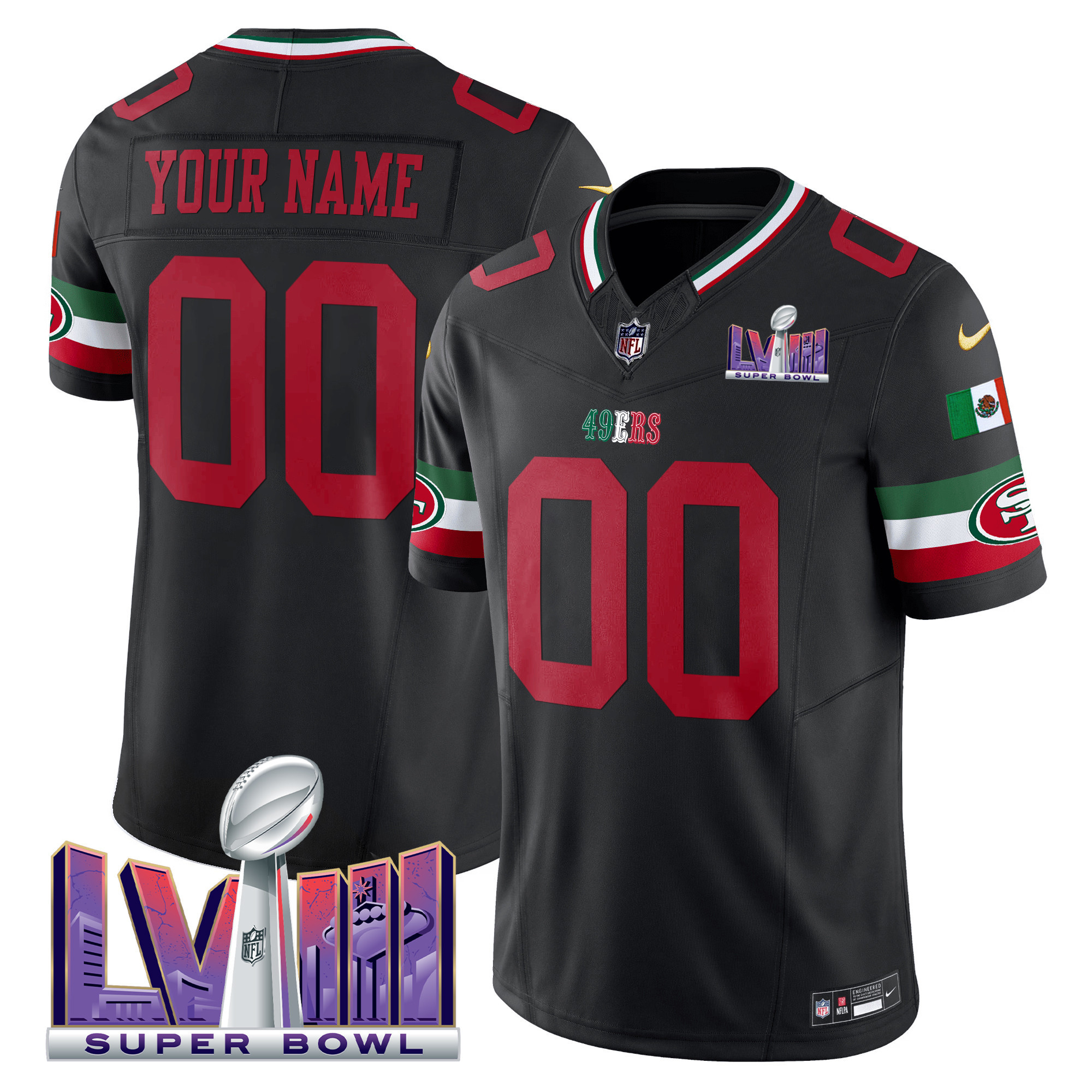 Men's San Francisco 49ers Mexico Super Bowl LVIII Patch Vapor Custom Black Jersey - All Stitched