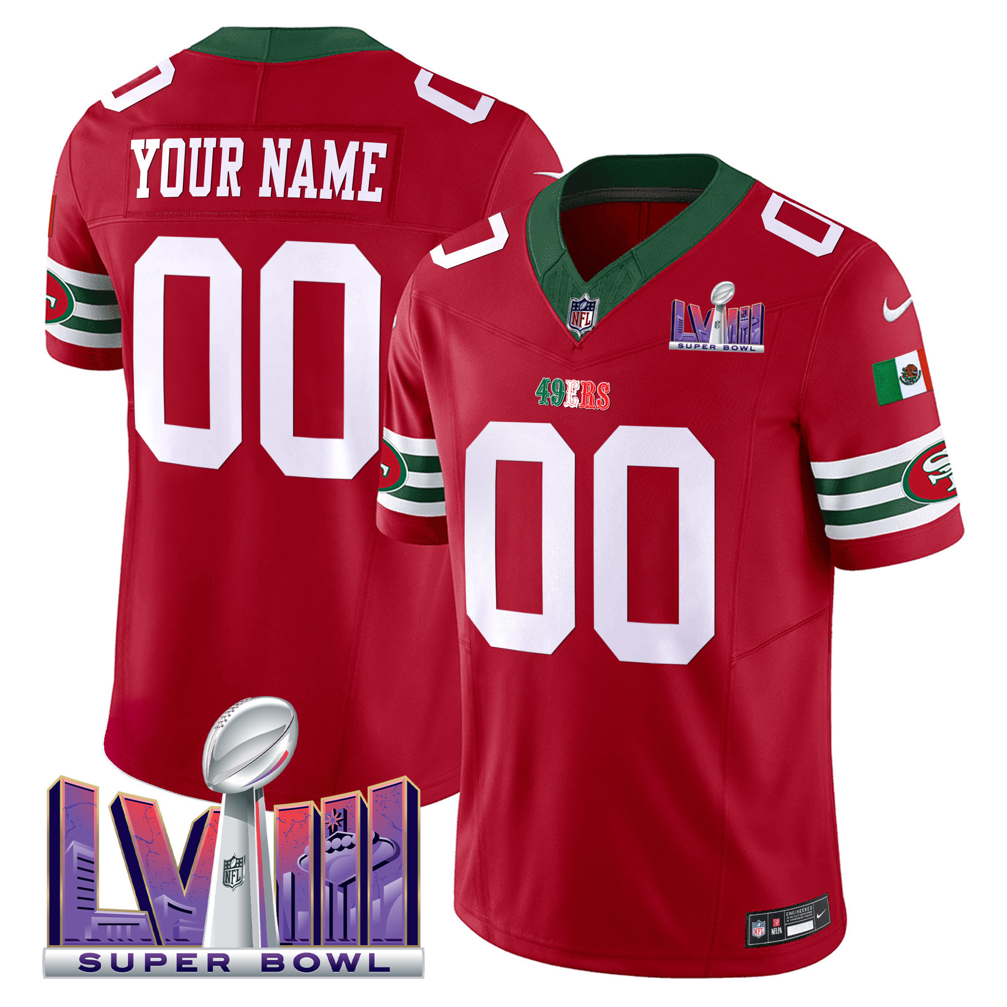 Men's San Francisco 49ers Mexico Super Bowl LVIII Patch Vapor Custom Red Jersey - All Stitched