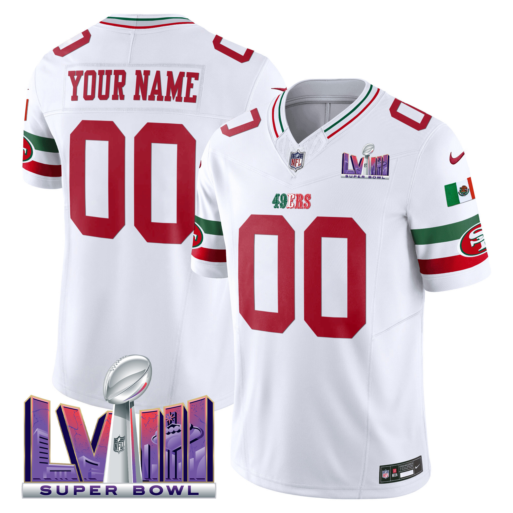 Men's San Francisco 49ers Mexico Super Bowl LVIII Patch Vapor Custom White Jersey - All Stitched