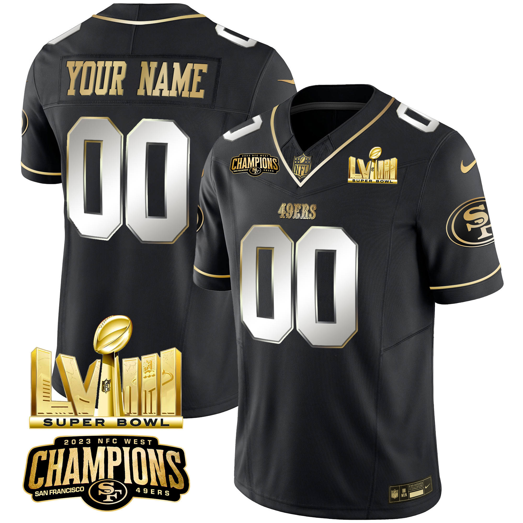 Men's San Francisco 49ers NFC West Champions & Super Bowl LVIII Gold Patch Vapor Custom Black Limited Jersey - All Stitched