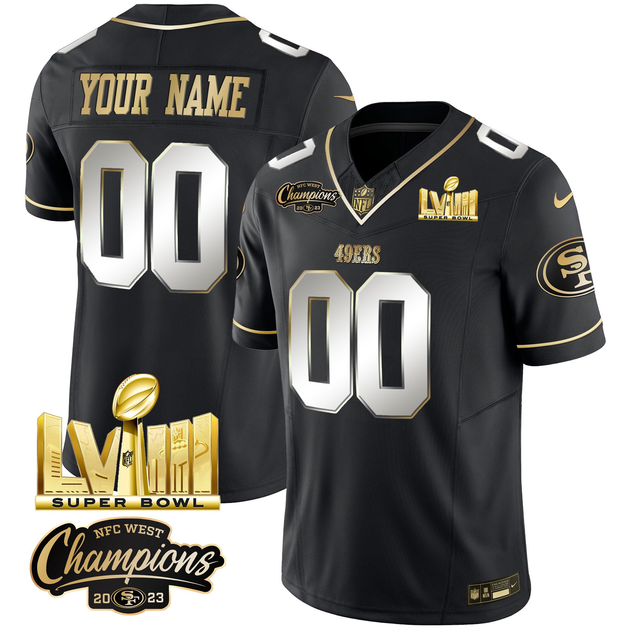 Men's San Francisco 49ers NFC West Champions & Super Bowl LVIII Gold Patch Vapor Custom Black Limited Jersey V2 - All Stitched