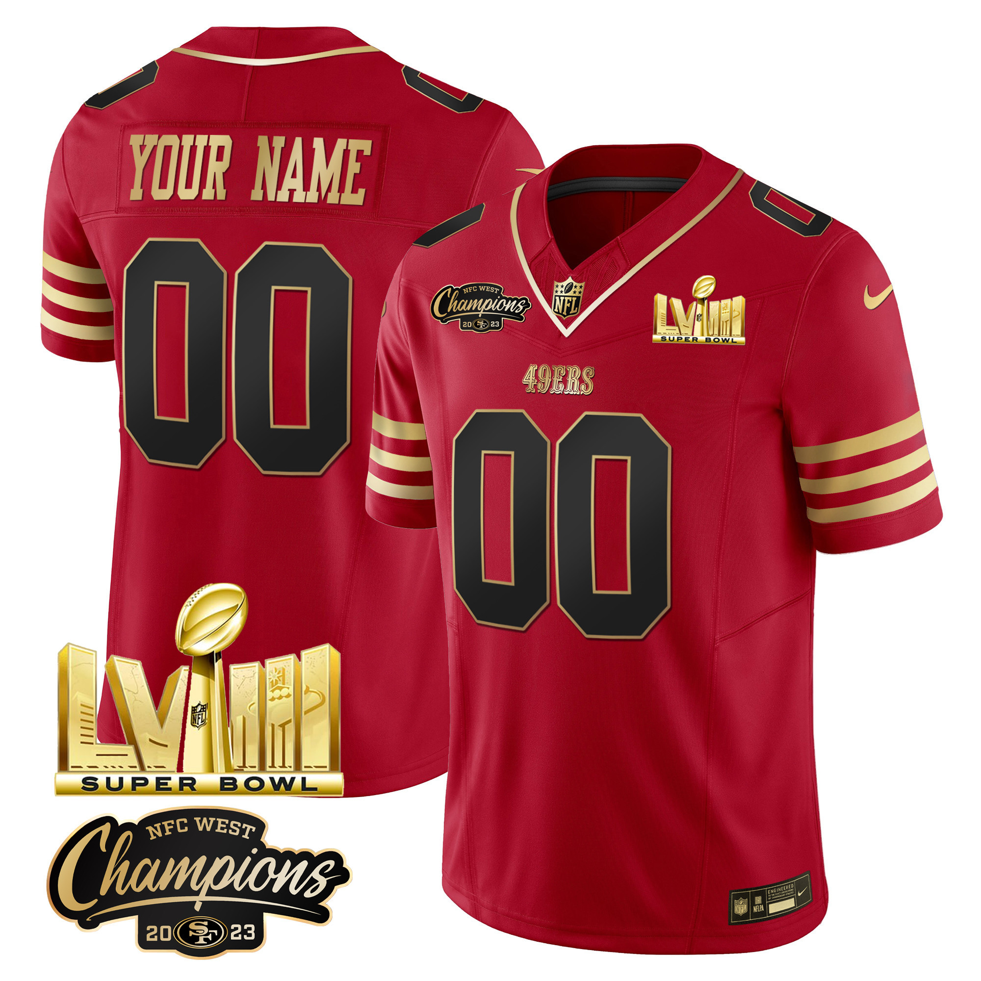 Men's San Francisco 49ers NFC West Champions & Super Bowl LVIII Gold Patch Vapor Custom Black Scarlet Jersey V2 - All Stitched