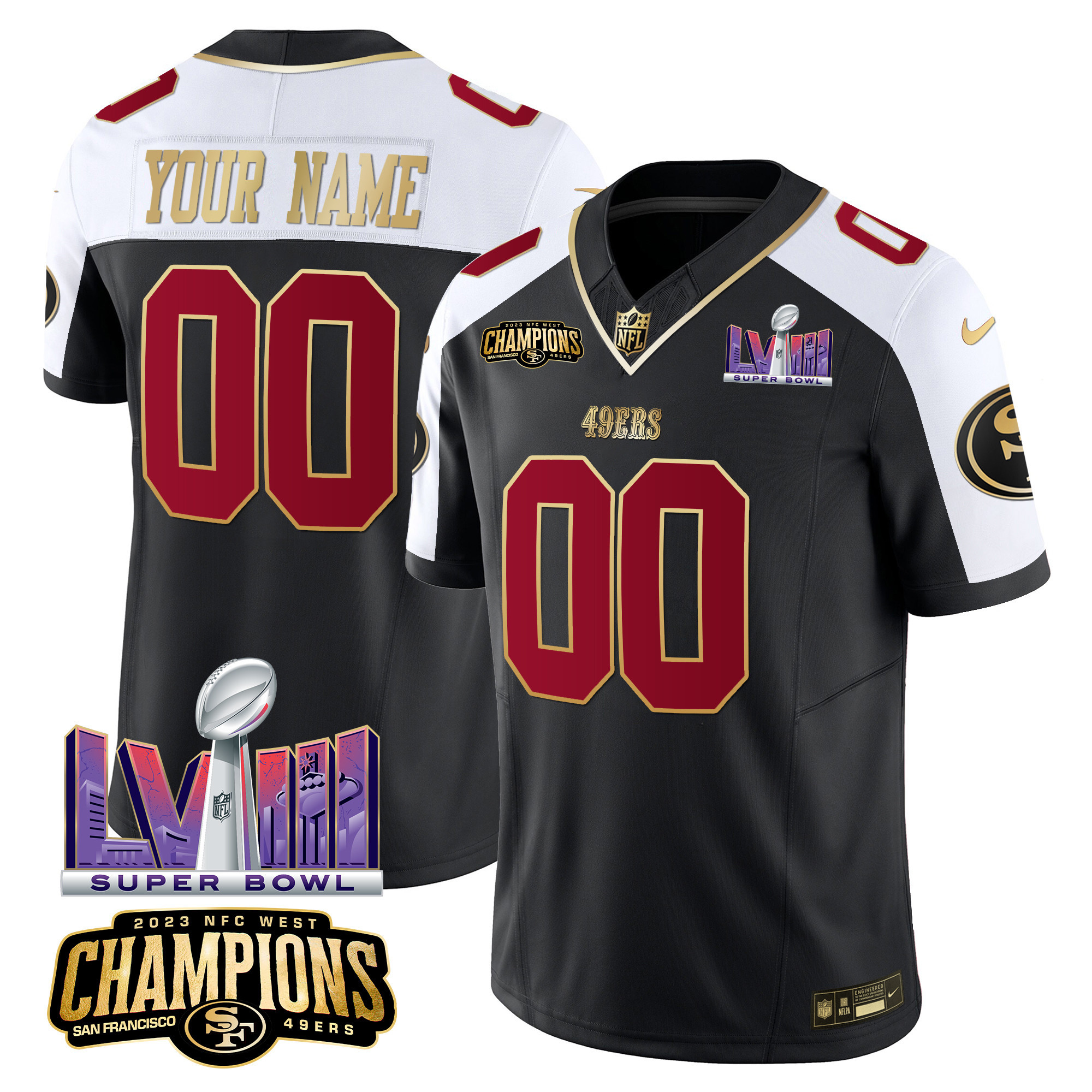 Men's San Francisco 49ers NFC West Champions & Super Bowl LVIII Patch Vapor Custom Black Alternate Jersey - All Stitched
