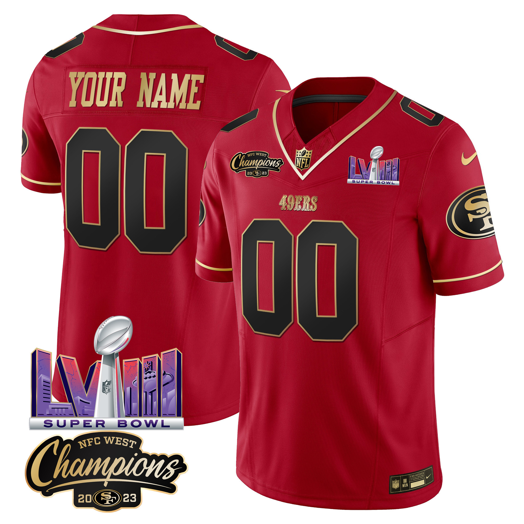 Men's San Francisco 49ers NFC West Champions & Super Bowl LVIII Patch Vapor Custom Scarlet Limited Jersey V2 - All Stitched