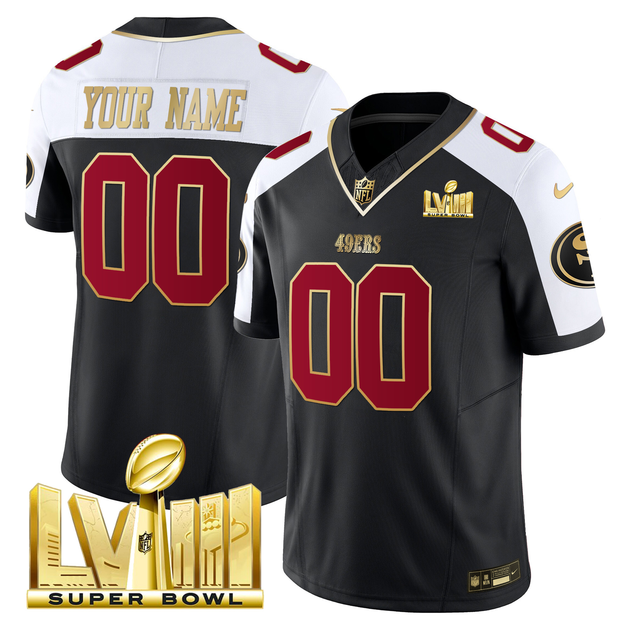 Men's San Francisco 49ers Super Bowl LVIII Gold Patch Vapor Custom Black Alternate Jersey - All Stitched