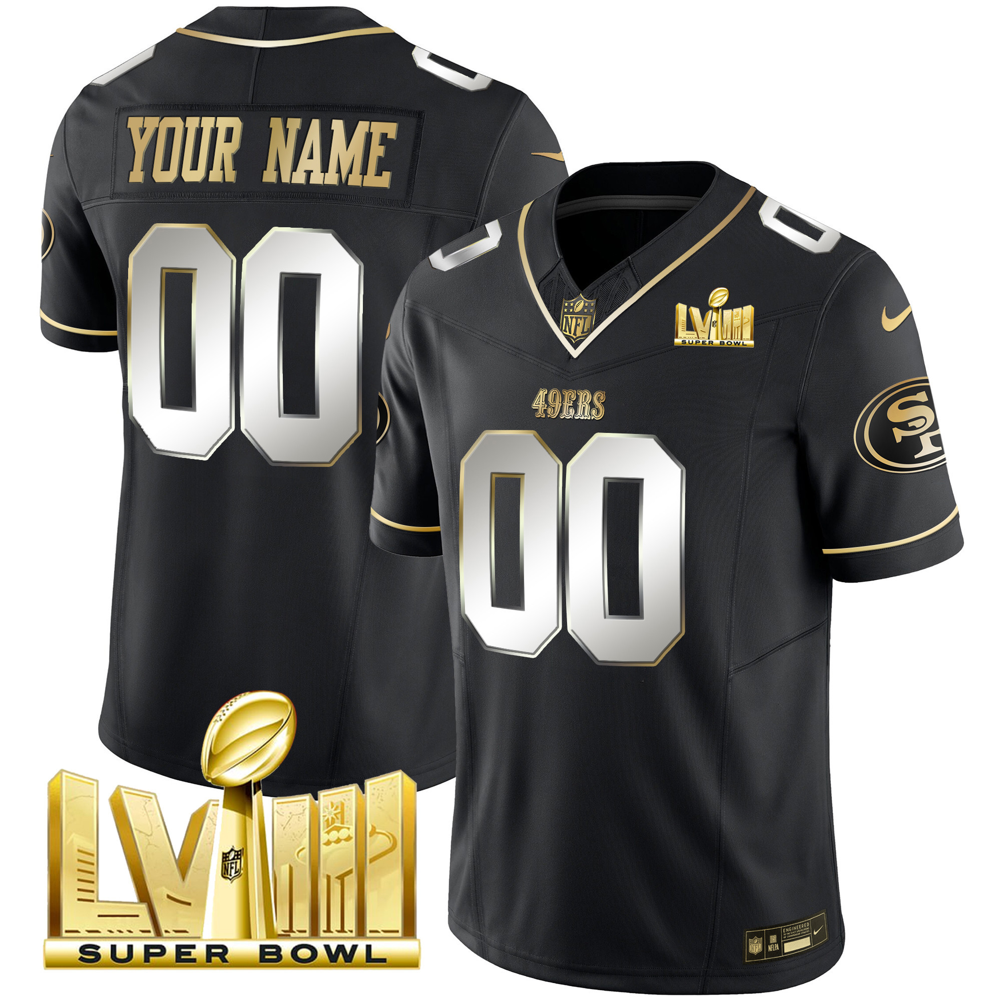 Men's San Francisco 49ers Super Bowl LVIII Gold Patch Vapor Custom Black Limited Jersey - All Stitched