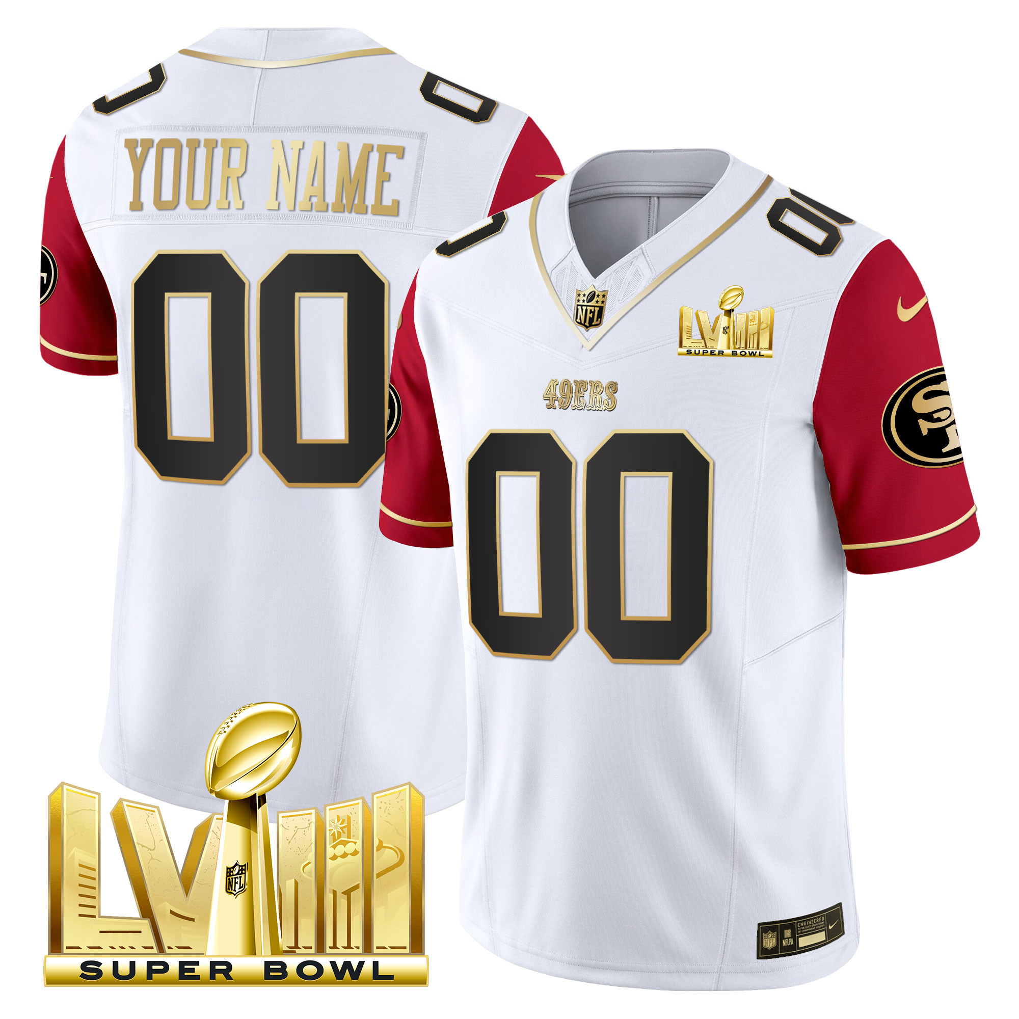 Men's San Francisco 49ers Super Bowl LVIII Gold Patch Vapor Custom Color Sleeves Jersey V2 - All Stitched