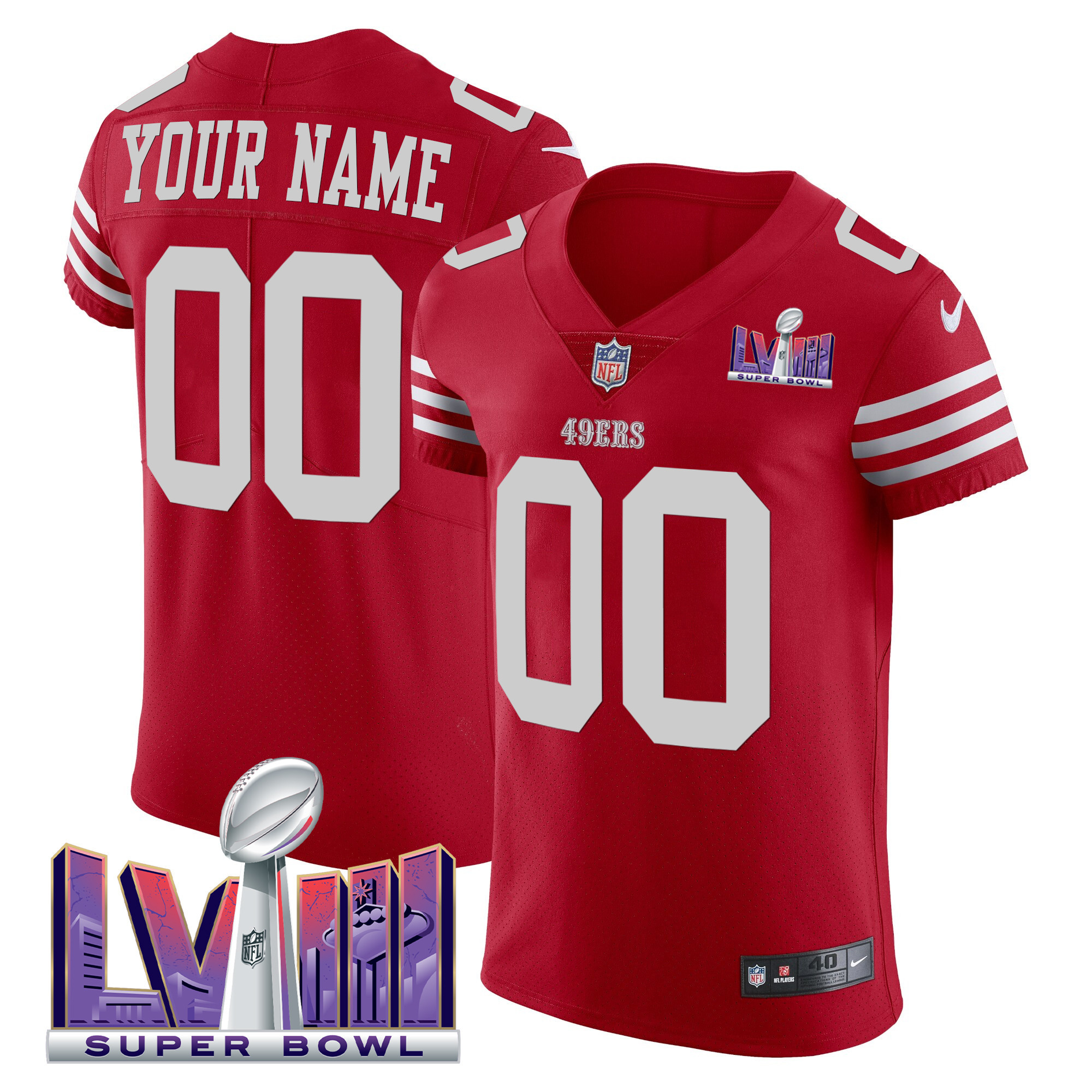 Men's San Francisco 49ers Super Bowl LVIII Gold Patch Vapor Elite Custom Scarlet Jersey - All Stitched