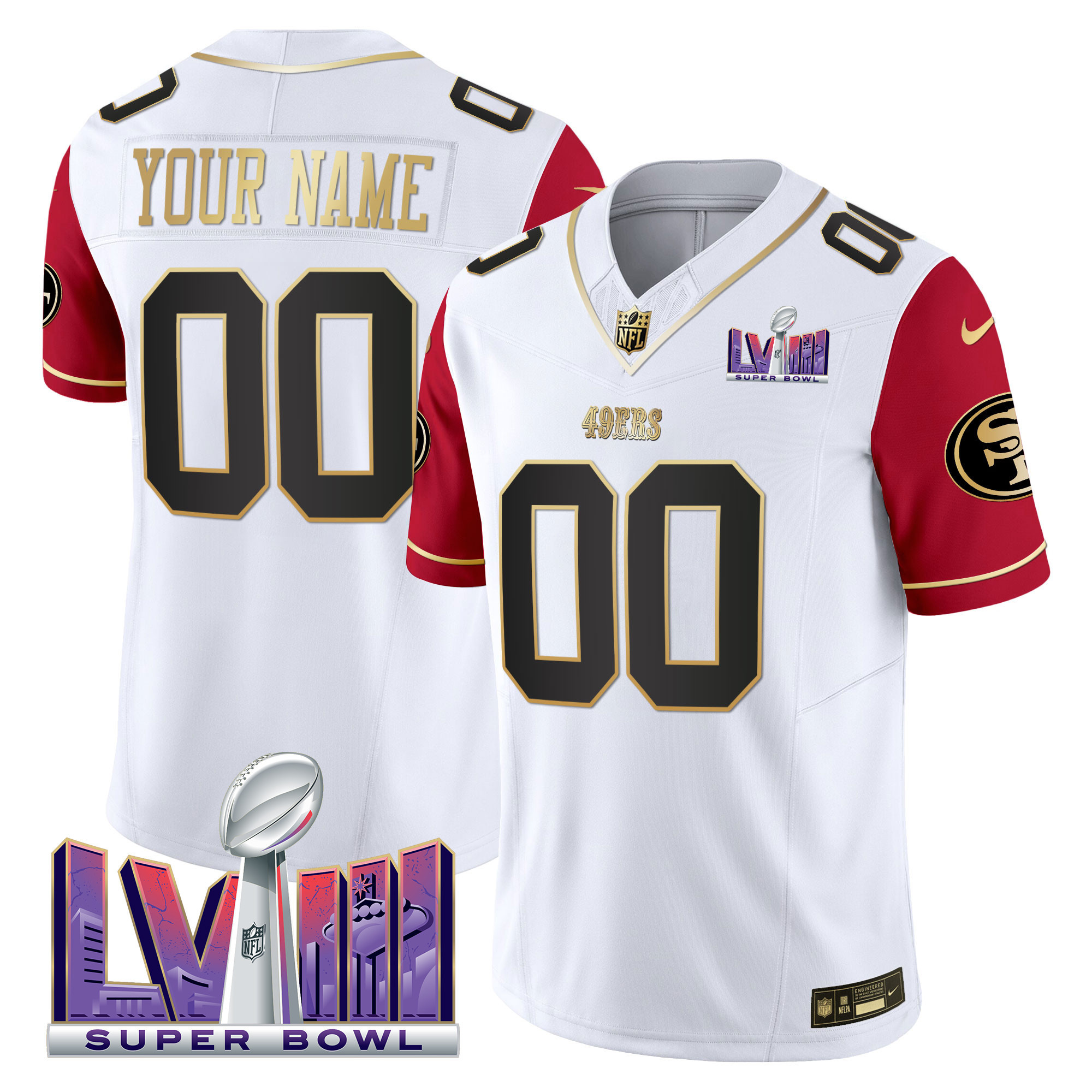 Men's San Francisco 49ers Super Bowl LVIII Patch Vapor Custom Color Sleeves Jersey V2 - All Stitched