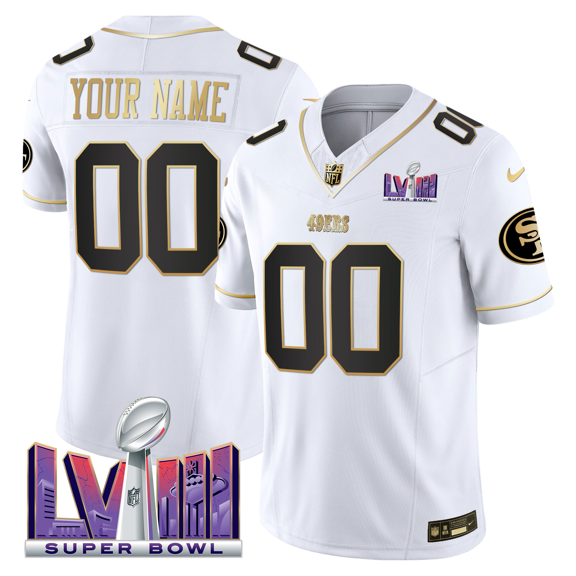 Men's San Francisco 49ers Super Bowl LVIII Patch Vapor Custom White Gold Jersey V2 - All Stitched