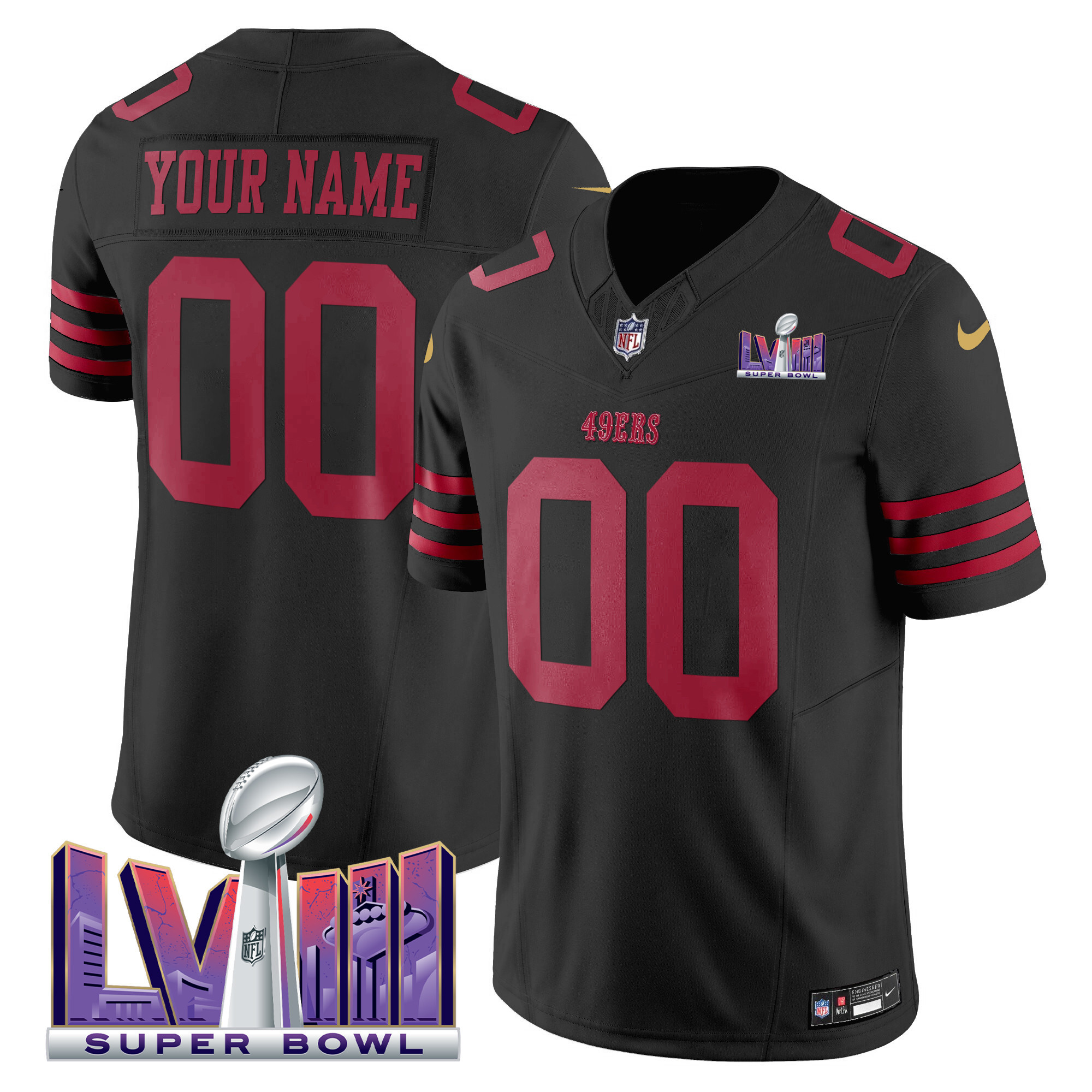 Men's San Francisco 49ers Super Bowl LVIII Patch Vapor Limited Custom Black Jersey - All Stitched